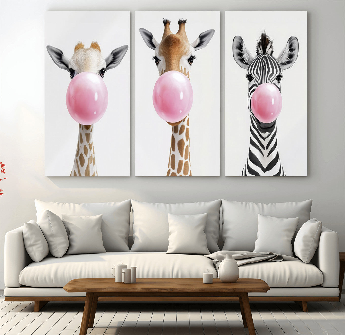 71987-MGV-CV-48X32-3P-Bubblegum Animals Canvas Wall Art - Playful Giraffe and Zebra Trio, Fun Nursery Decor for Kids'
