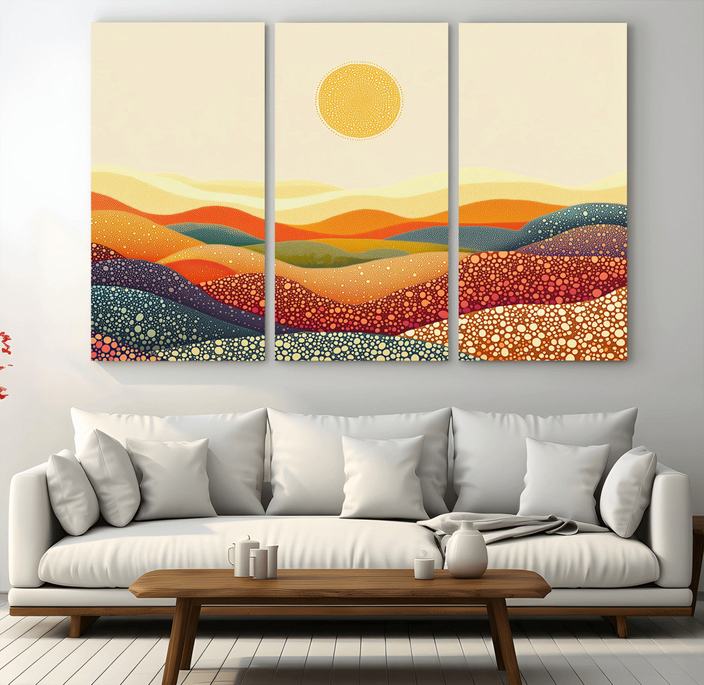 MGV-CV-48X32-3P - YAYOI KUSAMA Colorful Dot Art Landscape Canvas - Framed Abstract Pointillism Inspired by Nature with