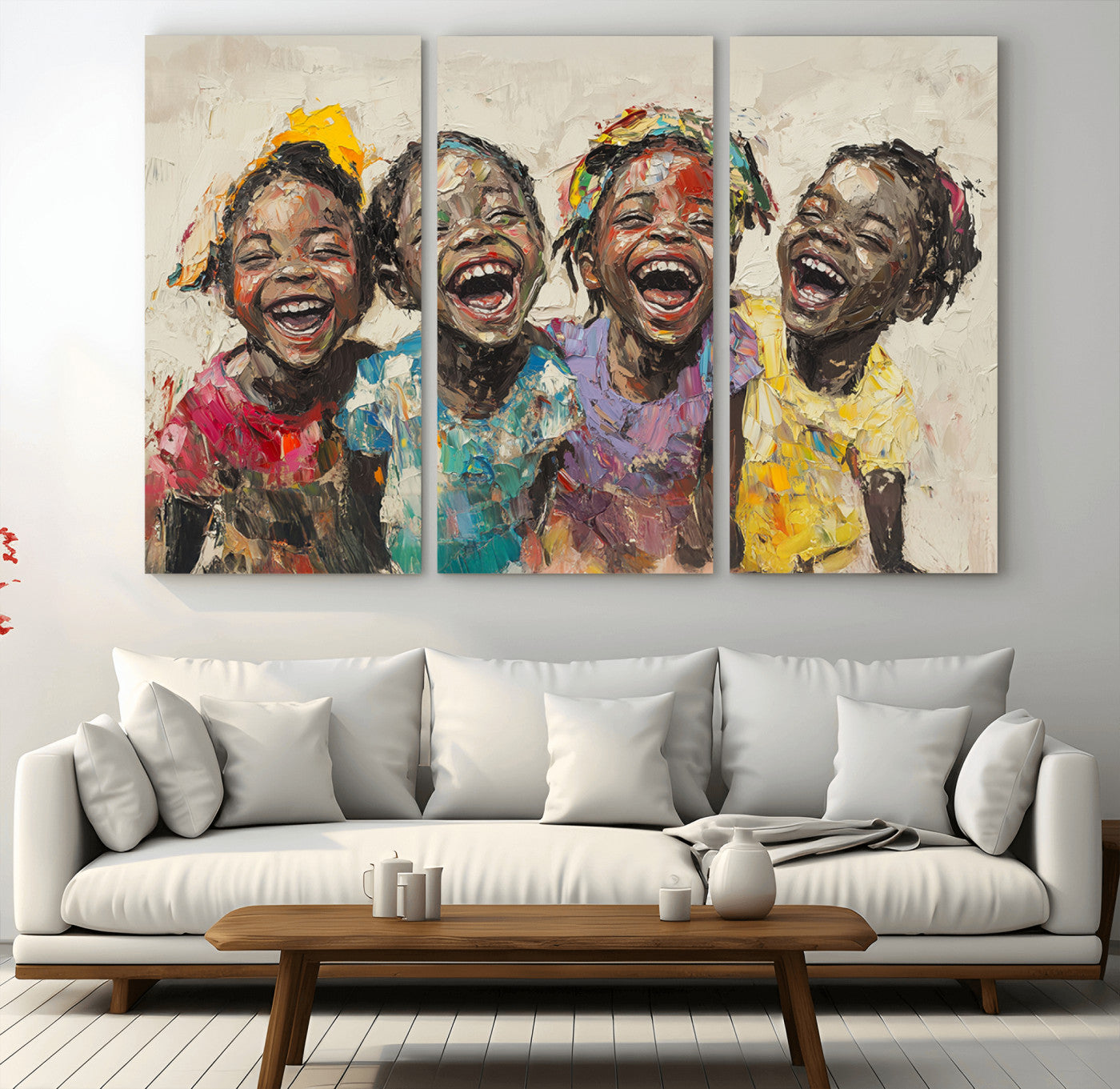MGV-CV-48X32-3P - Shai Yossef style Joyful Childhood Canvas Wall Art - Expressive Impasto Painting of Black Children