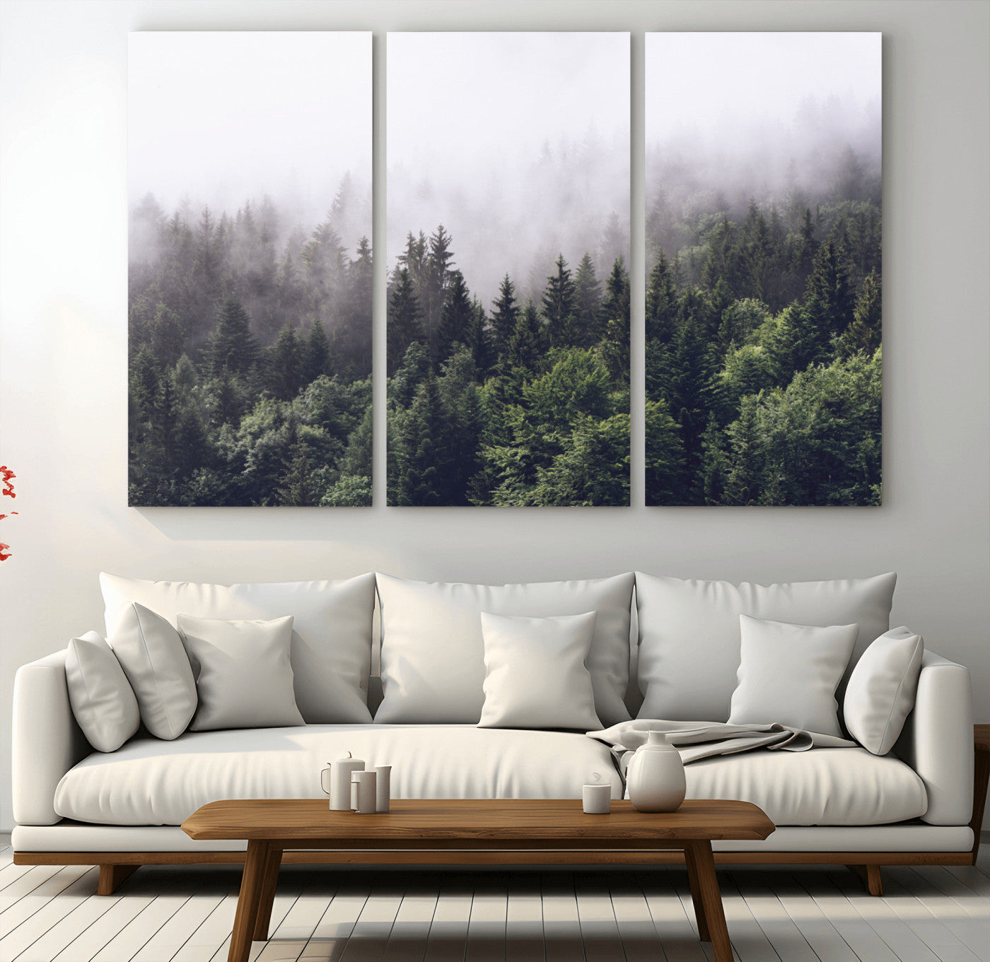 MGV-CV-48X32-3P - Misty Forest Wall Art | Foggy Forest Canvas Print | Large Nature-Inspired Misty Tree Landscape for