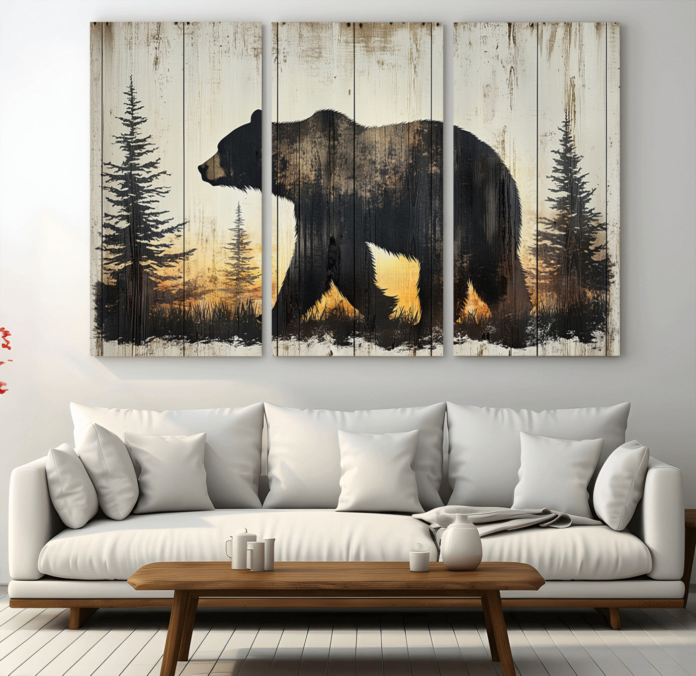 MGV-CV-48X32-3P - Vintage Bear Wall Art Canvas Print for Farmhouse - Mountain Wood Canvas Wall Art - Forest Silhouette