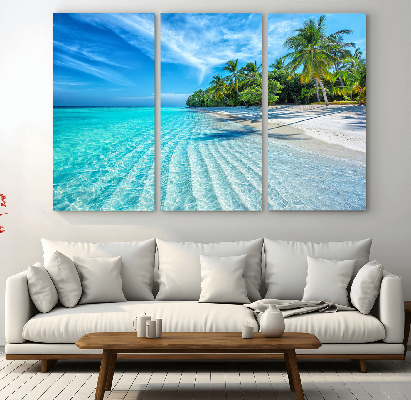 MGV-CV-48X32-3P - Tropical Beach Wall Art Canvas Print - Serene Ocean Landscape with Crystal Clear Turquoise Water and