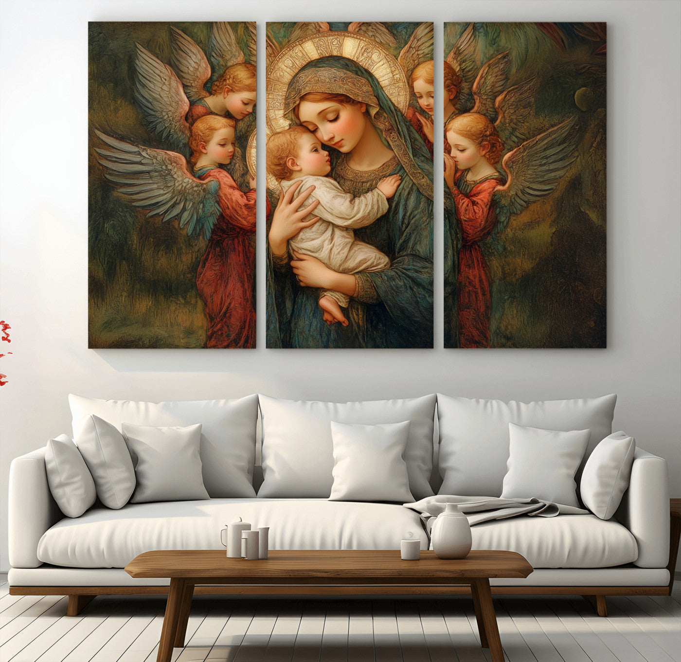 MGV-CV-48X32-3P - Mary Jesus Canvas Wall Art Print - Madonna and Child with Angels Art Print - Classic Christian