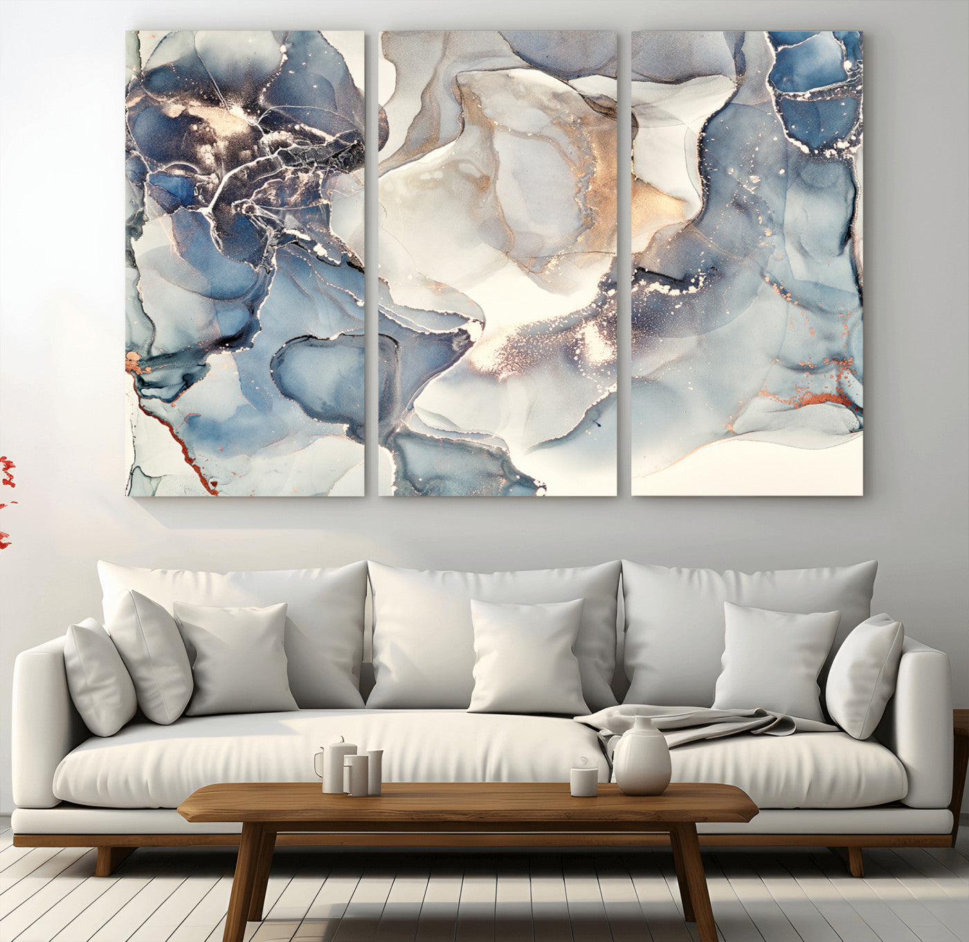 MGV-CV-48X32-3P - Abstract Blue and Gold Canvas Wall Art - Fluid Modern Ink Artwork - Modern Luxury Wall Decor for