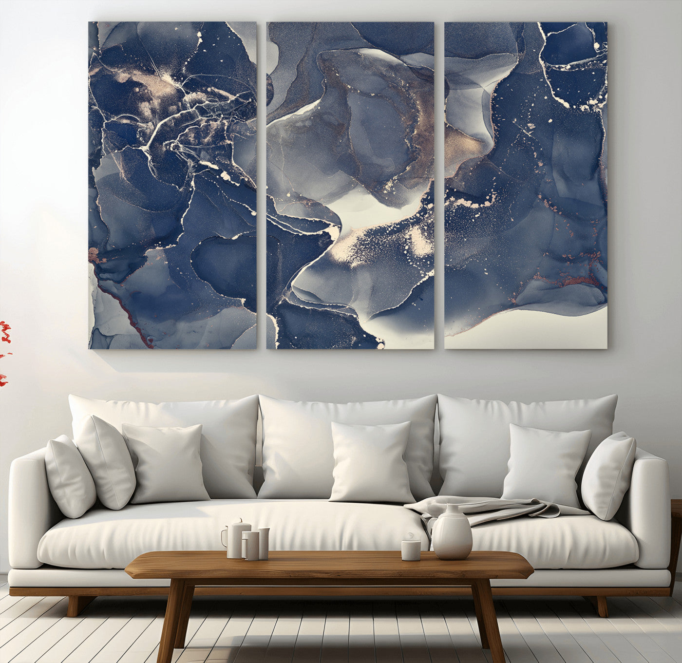MGV-CV-48X32-3P - Large Abstract Blue and Gold Canvas Wall Art | Fluid Ink Artwork Print | Luxury Wall Decor for