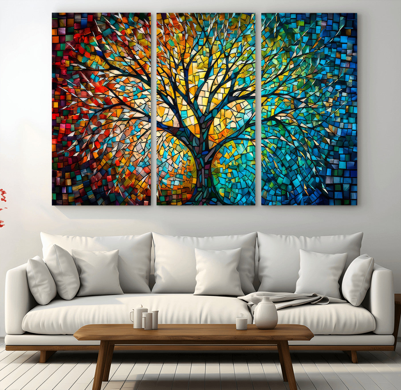 MGV-CV-48X32-3P - Yggdrasil Tree of Life Wall Art Print Canvas | Mosaic Style 3-Panel Canvas Print