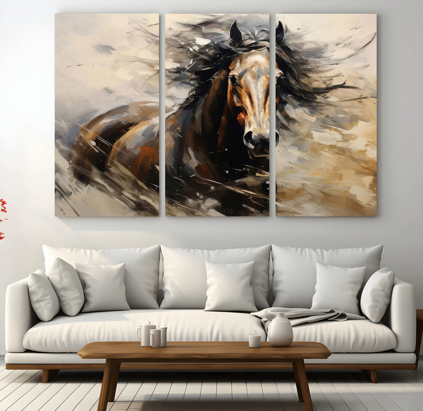 MGV-CV-48X32-3P - Abstract Wall Art Horse Print - Large Western Horse Canvas - Farmhouse Woodland Wall Art - Framed