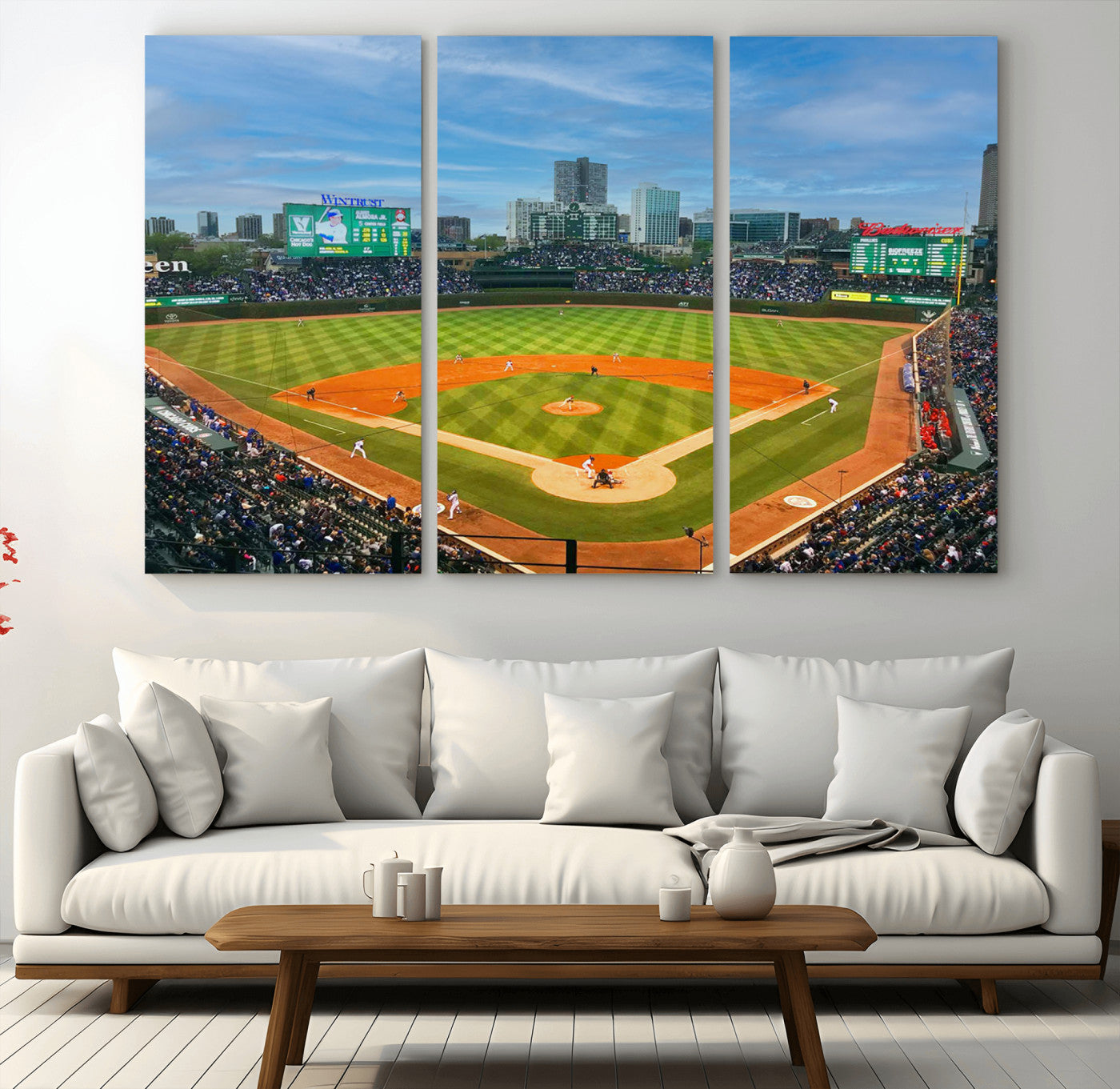 MGV-CV-48X32-3P - Wrigley Field Chicago Cubs Panoramic Multi Piece Canvas Wall Art - Iconic Baseball Stadium Print for