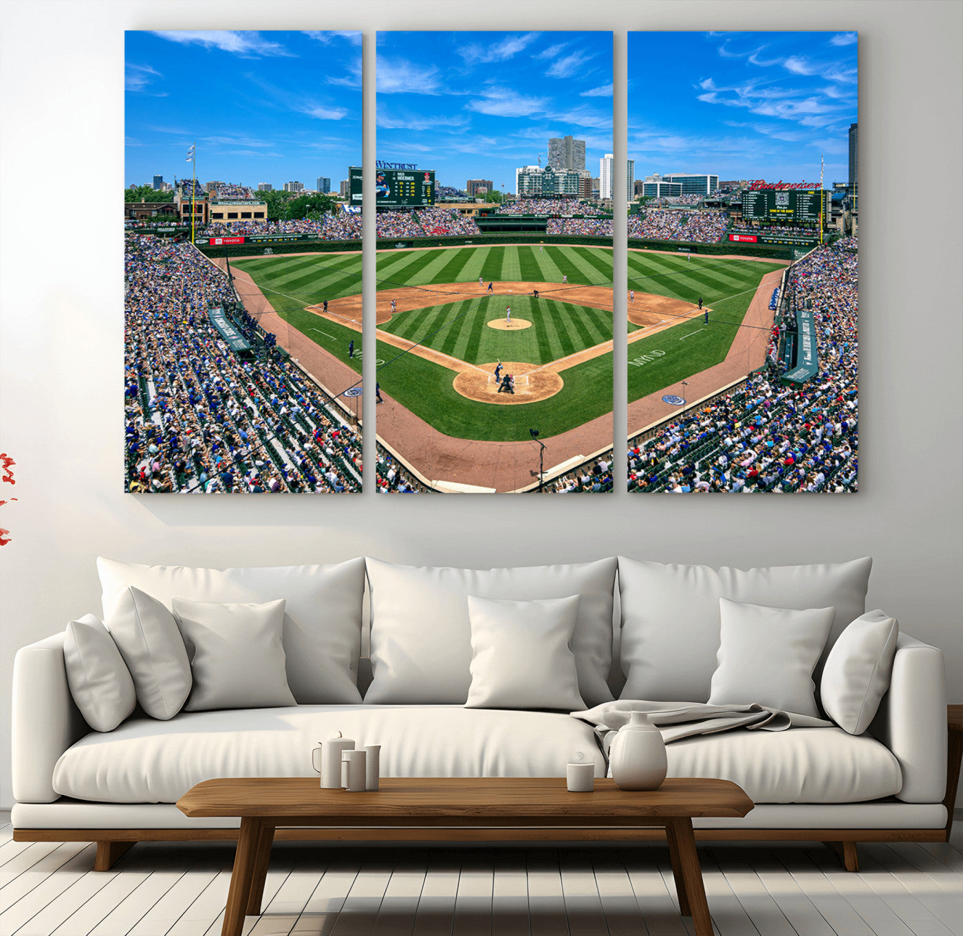 26064-MGV-CV-30X20-Framed Wrigley Field Chicago Cubs Print, Panoramic Multi Piece Canvas Wall Art - Iconic Baseball Stadium Print for Sports Lovers - Ready to