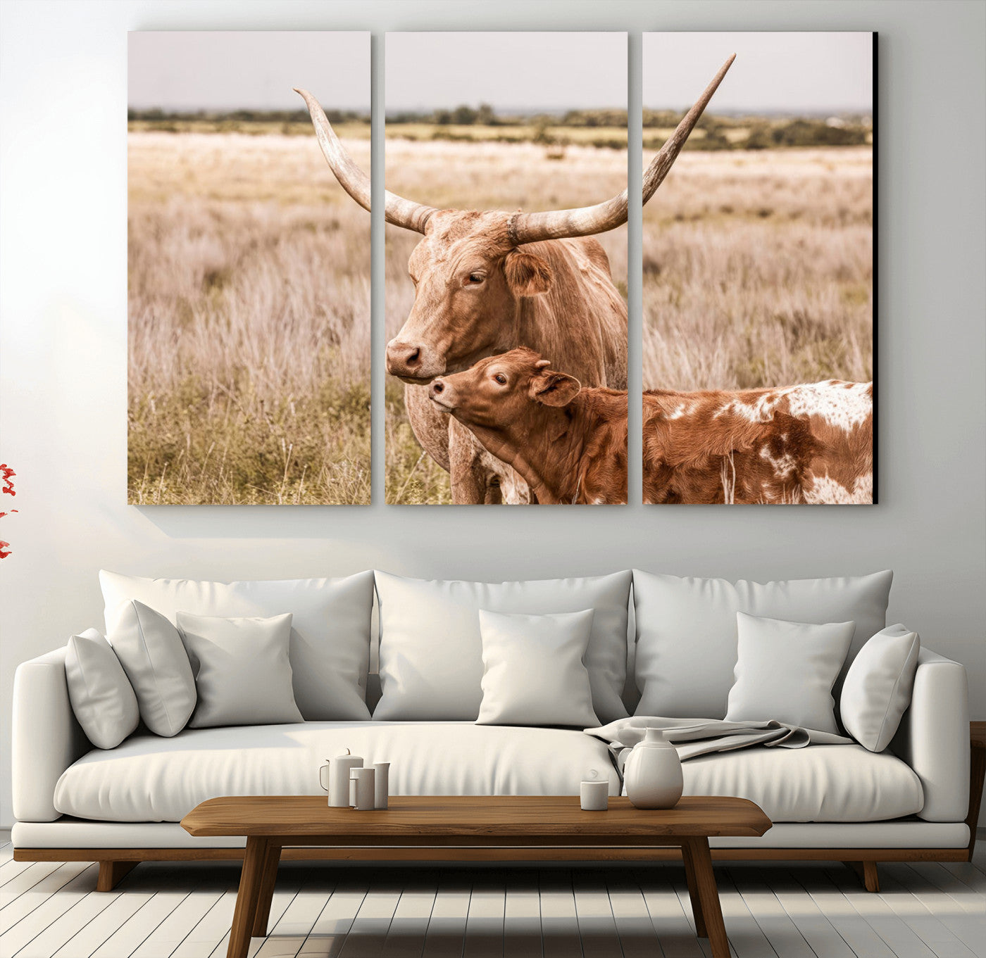 MGV-CV-48X32-3P - Texas Longhorn Cow Wall Art Canvas Print for Farmhouse Wall Art, Texas Decor, Western Wall Art Print