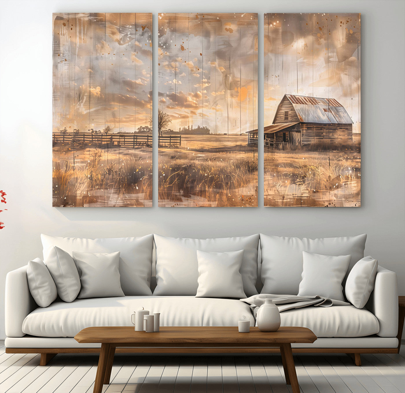 MGV-CV-48X32-3P - Rustic Farmhouse Wall Art Canvas Print | Barn and Field Canvas Print | Vintage Country Landscape