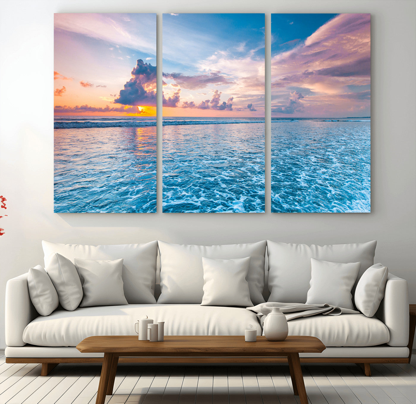 MGV-CV-48X32-3P - Ocean Sunset Canvas Wall Art Print - Tranquil Seascape with Vibrant Sky and Rolling Waves Canvas