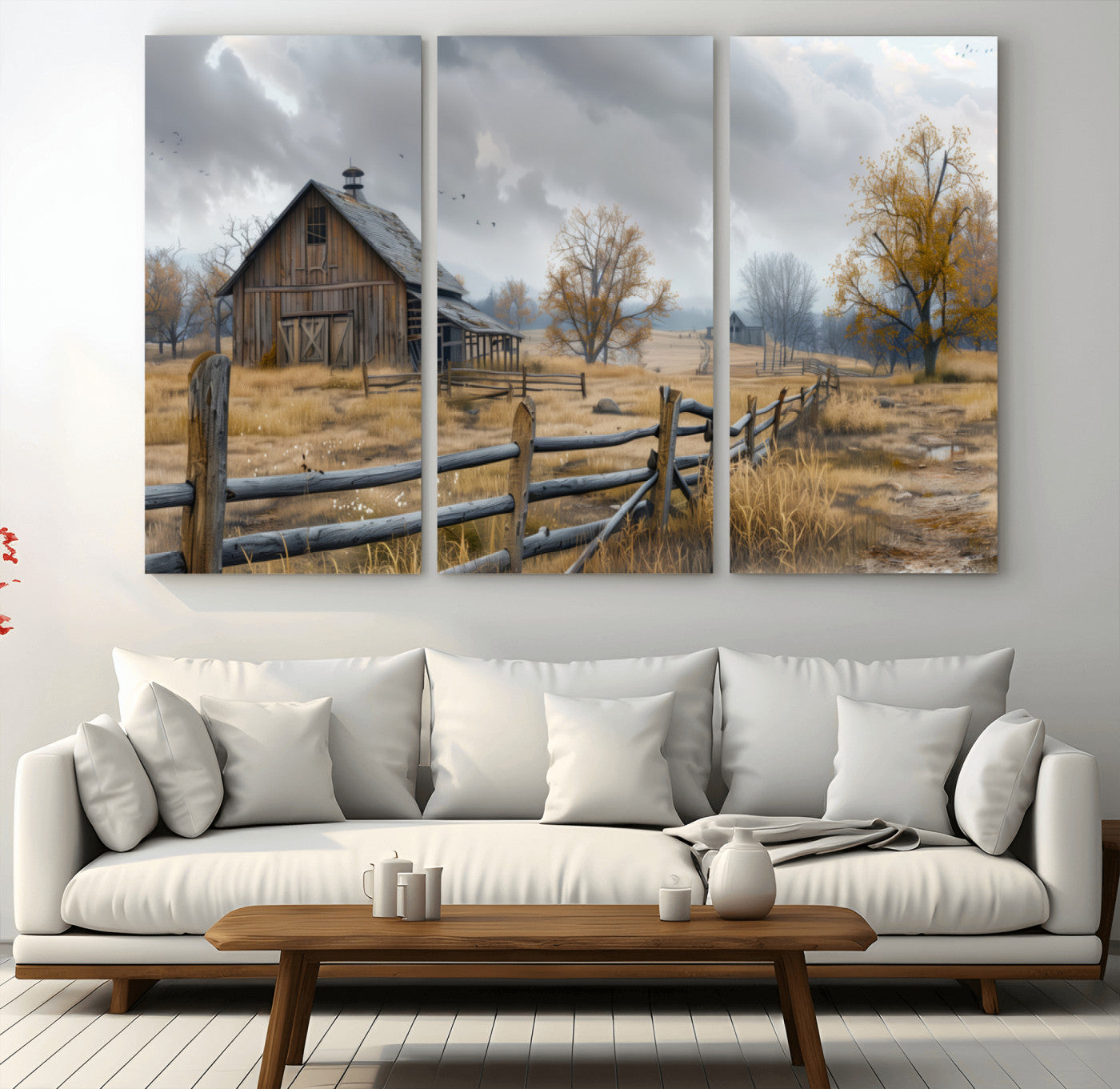 MGV-CV-48X32-3P - Rustic Autumn Farmhouse Wall Art Canvas Print – Serene Countryside Scene with Weathered Barn and