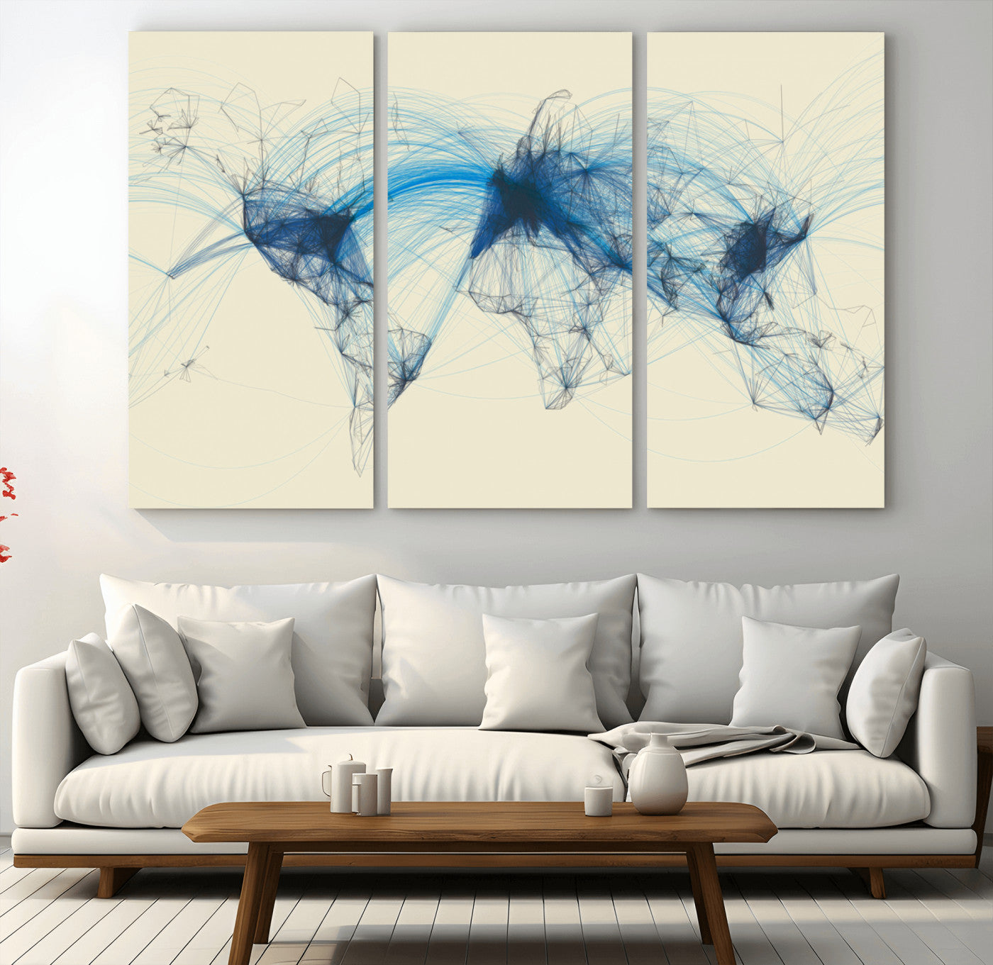 Map-Blue-Contract-MGV-CV-36X24-Flight Routes Map Art – Modern Air Traffic World Map Canvas Print with Blue Connections, Framed Wall Art for Office or Home Decor