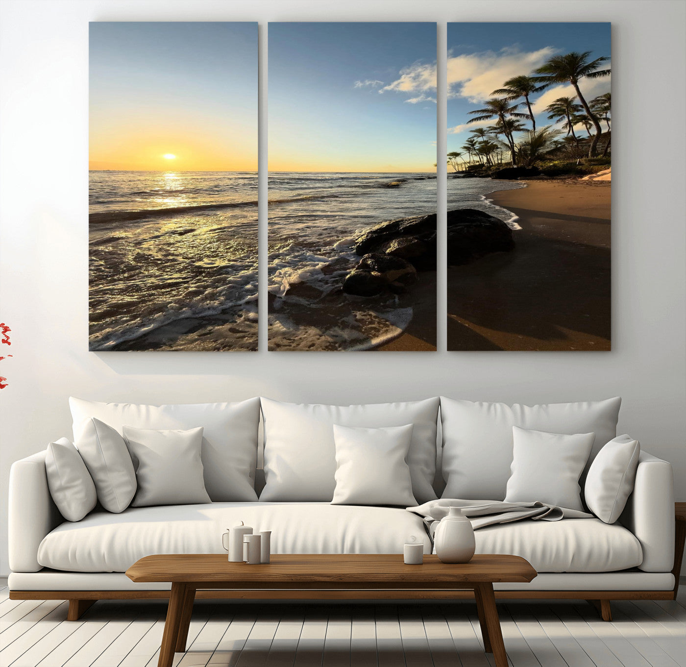 MGV-CV-48X32-3P - Tropical Beach Wall Art - Stunning Ocean Sunset Canvas Print with Palm Tree Design for Relaxing and
