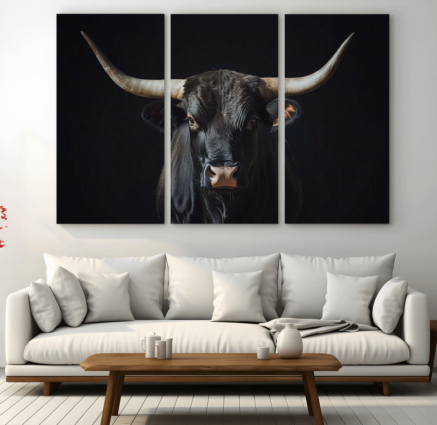48065167-MGV-CV-36X24-Black Bull Wall Art – Framed Longhorn Canvas Artwork, Western Cattle Design, Rustic Ranch Style Decor for Home, Office