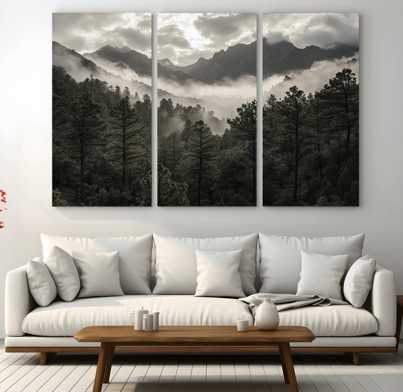 96173787-MGV-CV-36X24-Moody Forest Wall Art – Framed Mountain Fog Canvas Artwork, Misty Woodland Design, Tranquil Nature Decor for Home, Office