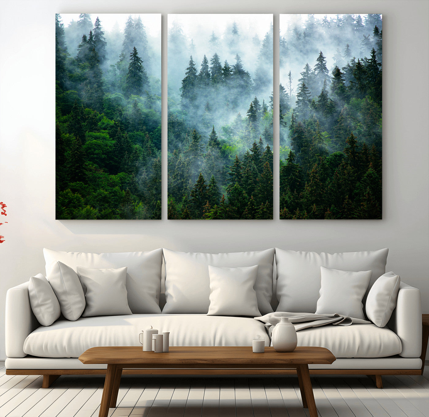17393683-MGV-CV-36X24-Misty Forest Wall Art Canvas Print – Framed Foggy Mountain Scene with Serene Nature Artwork for Home, Office, Living Room