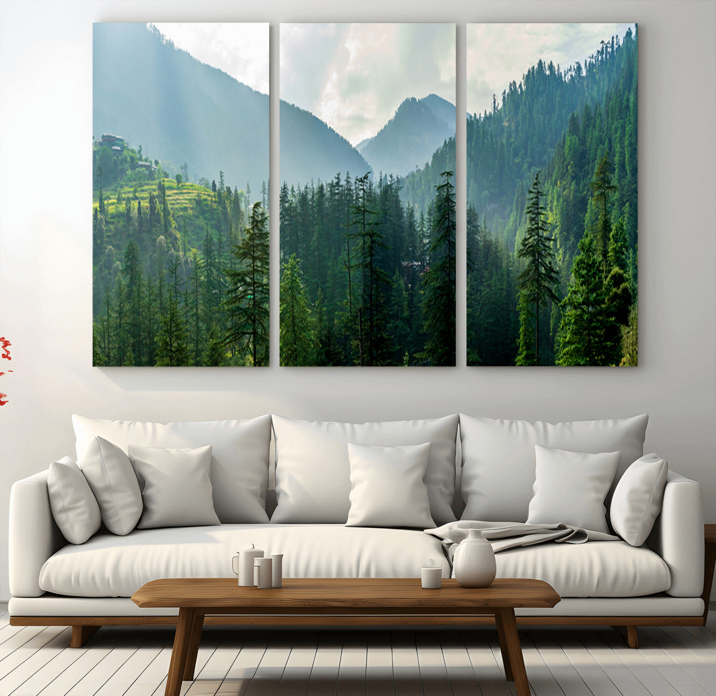 MGV-CV-48X32-3P - Misty Forest Mountain Canvas Print – Serene Nature Wall Art, Tranquil Valley