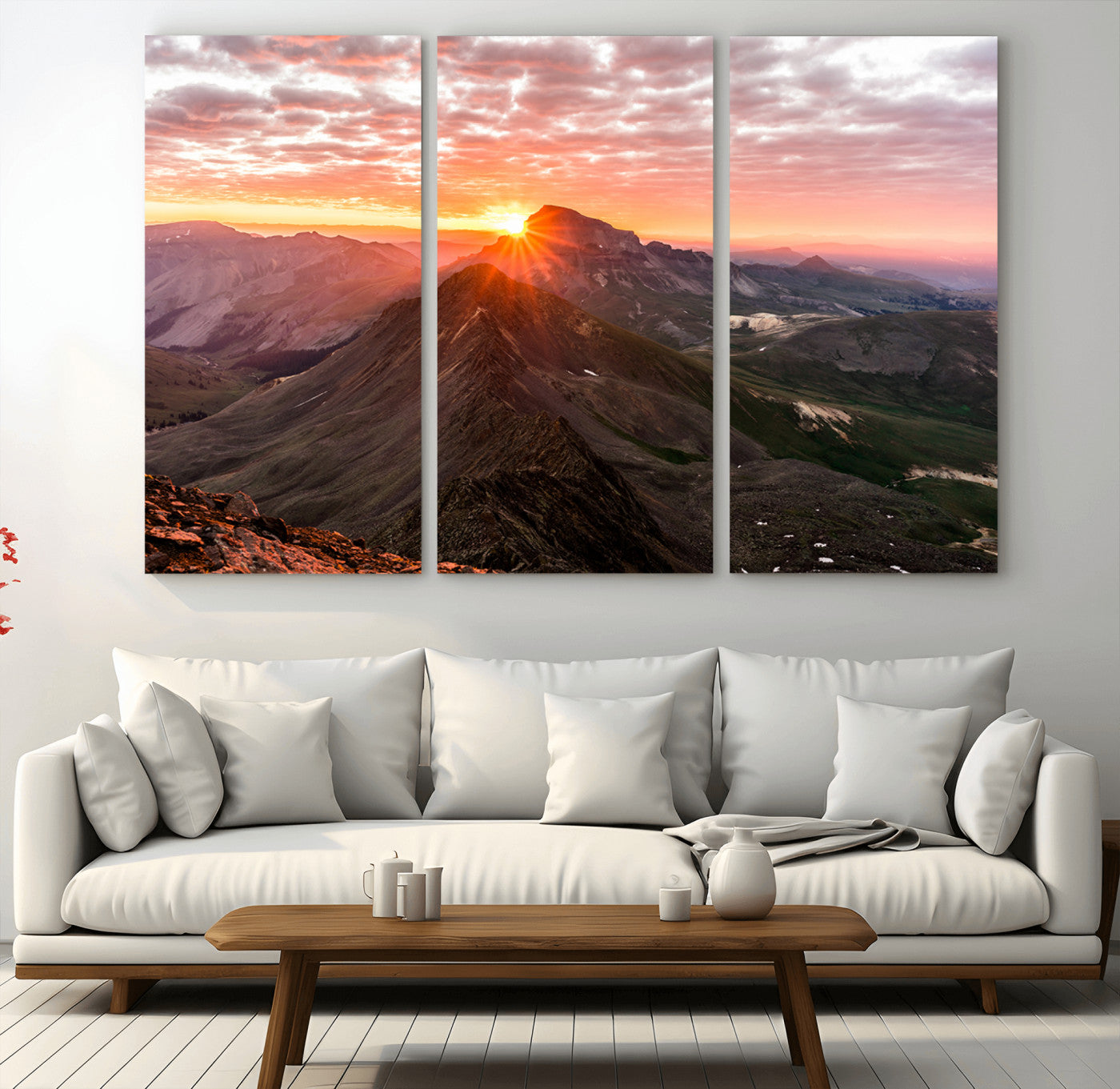 50957419-MGV-CV-48X32-3P-Mountain Sunrise Wall Art – Framed Alpine Ridge Canvas Artwork, Golden Peak Design, Scenic Nature Decor for Home, Office