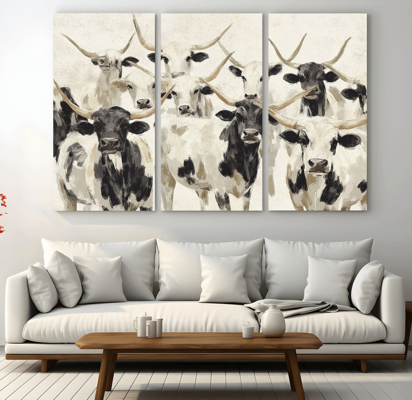 MGV-CV-48X32-3P - Longhorn Texas Cow Drawing Abstract Wall Art Canvas Print for Farmhouse Decor, Texas Bull Printing