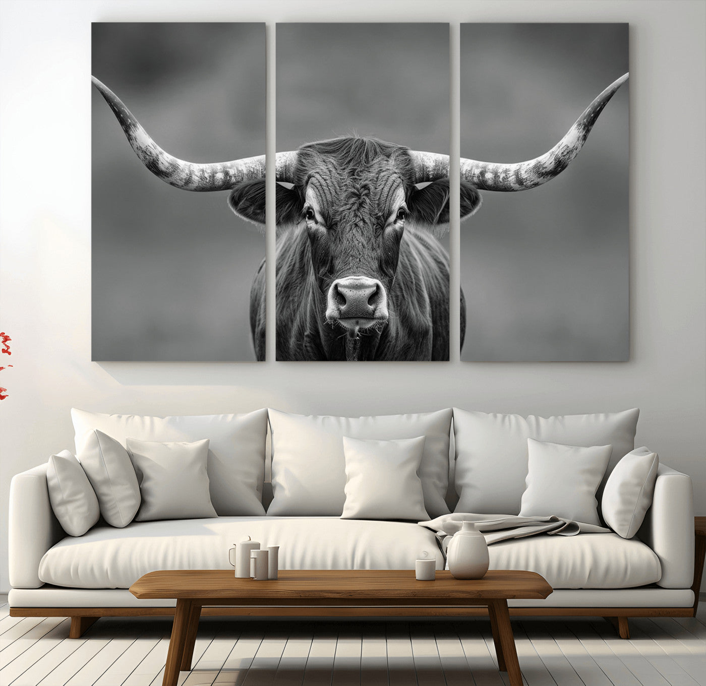 MGV-CV-48X32-3P - Framed Texas Longhorn Bull Art Canvas Print, Western Bull Wall Art Print, Long Horn Bull Photo Print