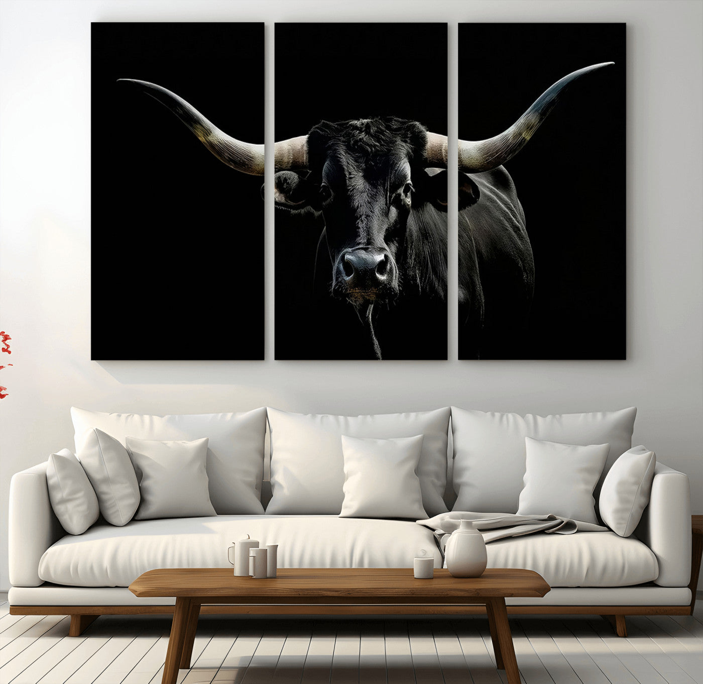 MGV-CV-48X32-3P - Texas Black Bull Wall Art Print, Longhorn Bull Canvas Wall Art