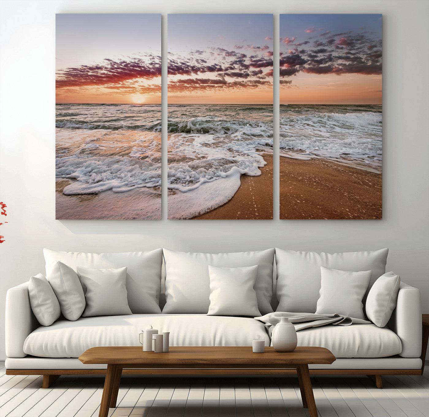 MGV-CV-48X32-3P - Ocean Sunset Wall Art Canvas Print, Framed Sandy Shore Art Picture Print, Gentle Waves Perfect Minimalist Coastal Decor Artwork