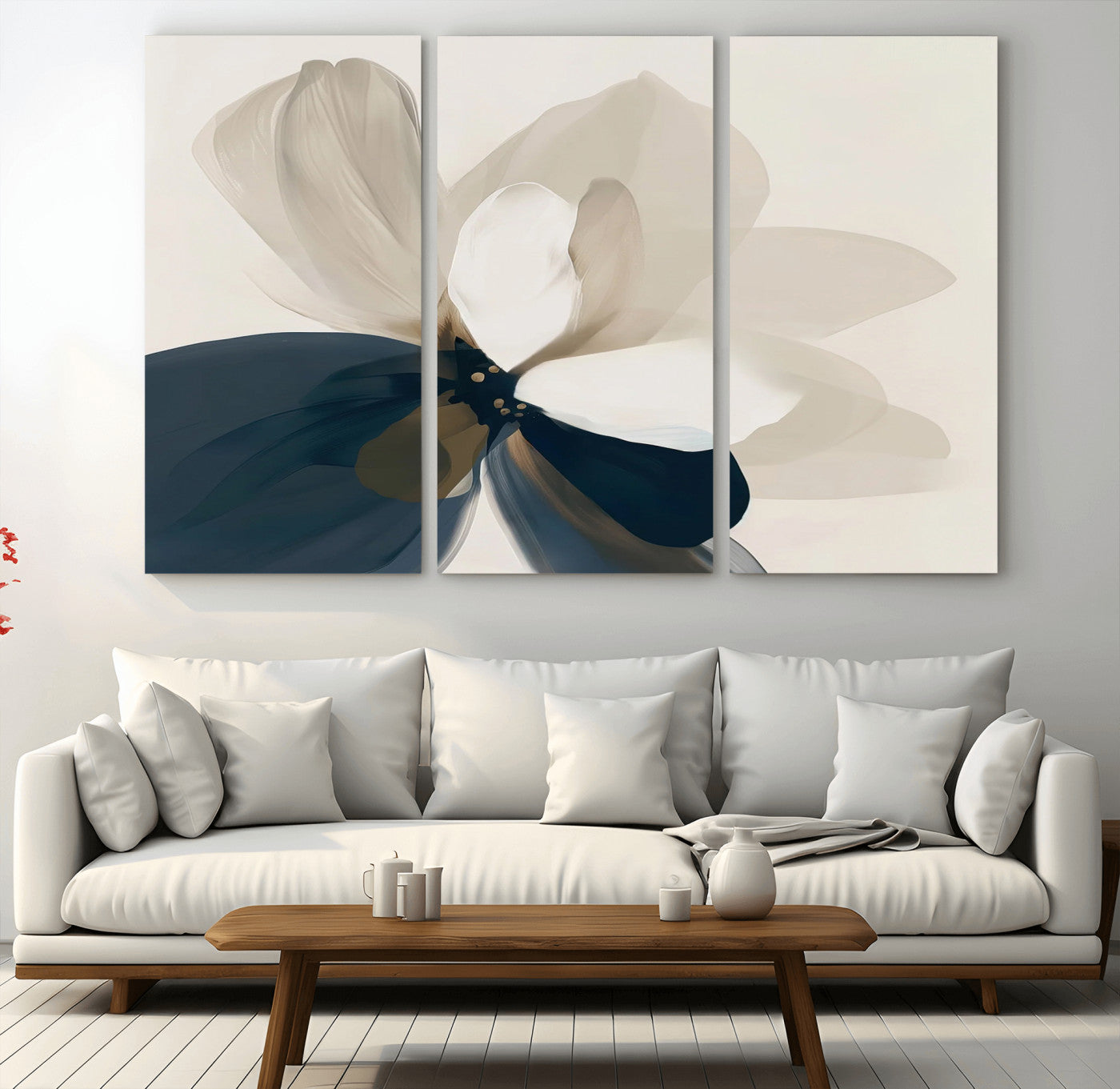 MGV-CV-48X32-3P - Minimal Flower Wall Art Canvas Print, Framed Flower Drawing Art Picture Print, Beige Bloom Perfect Modern Botanical Decor Artwork