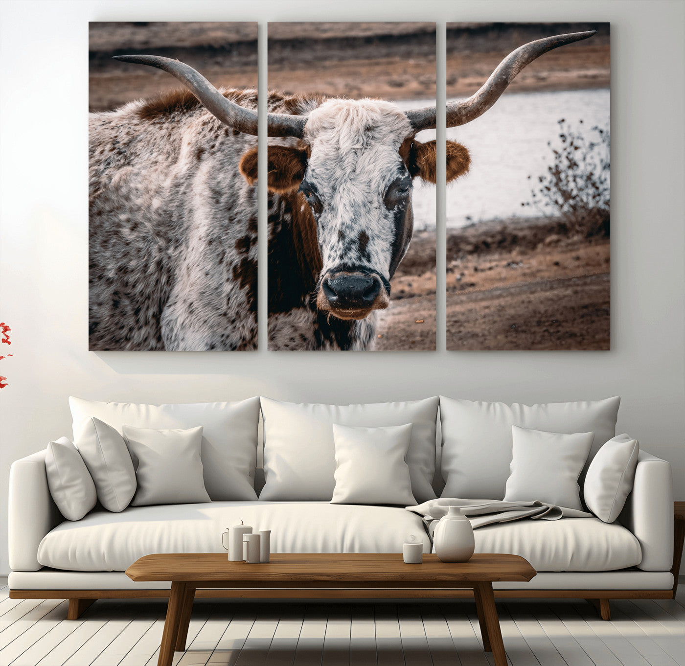 MGV-CV-48X32-3P - Texas Longhorn Wall Art Canvas Print, Framed Spotted Cow Art Picture Print, Horned Cattle Perfect Rustic Western Decor Artwork