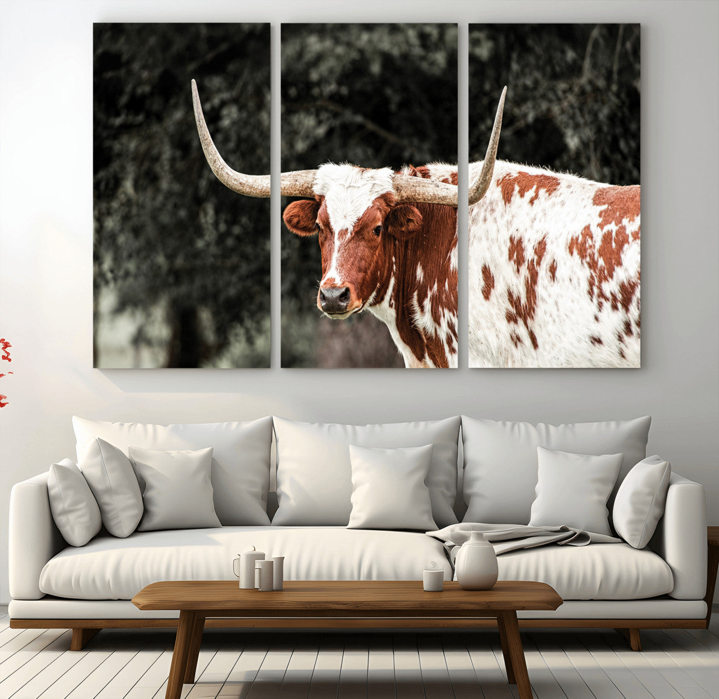 MGV-CV-48X32-3P - Texas Longhorn Wall Art Canvas Print, Framed Spotted Cow Art Picture Print, Horned Bull Perfect Rustic Western Decor Artwork
