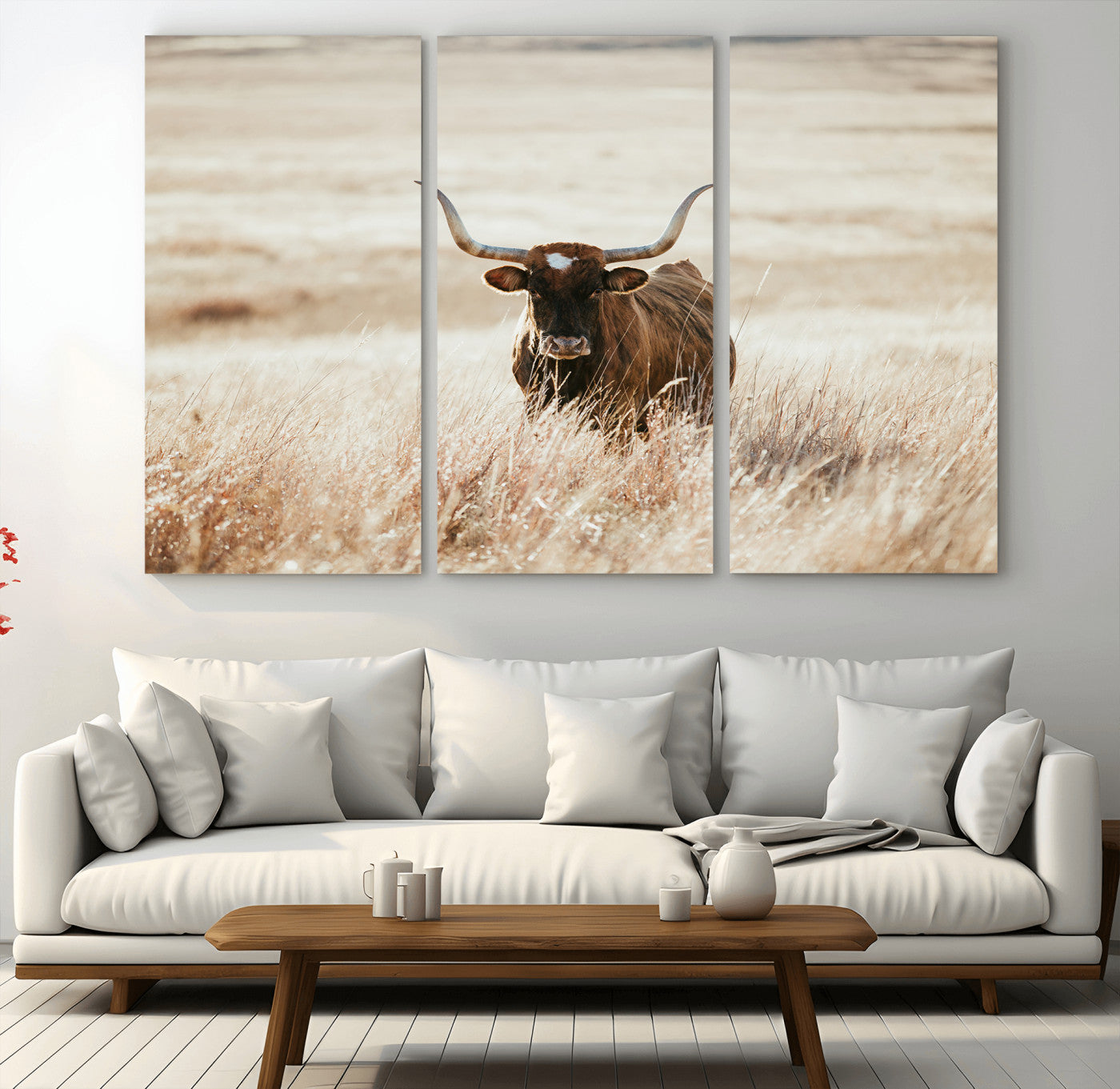 MGV-CV-48X32-3P - Texas Longhorn Wall Art Canvas Print, Framed Brown Cattle Art Picture Print, Horned Bull Perfect Rustic Western Decor Artwork