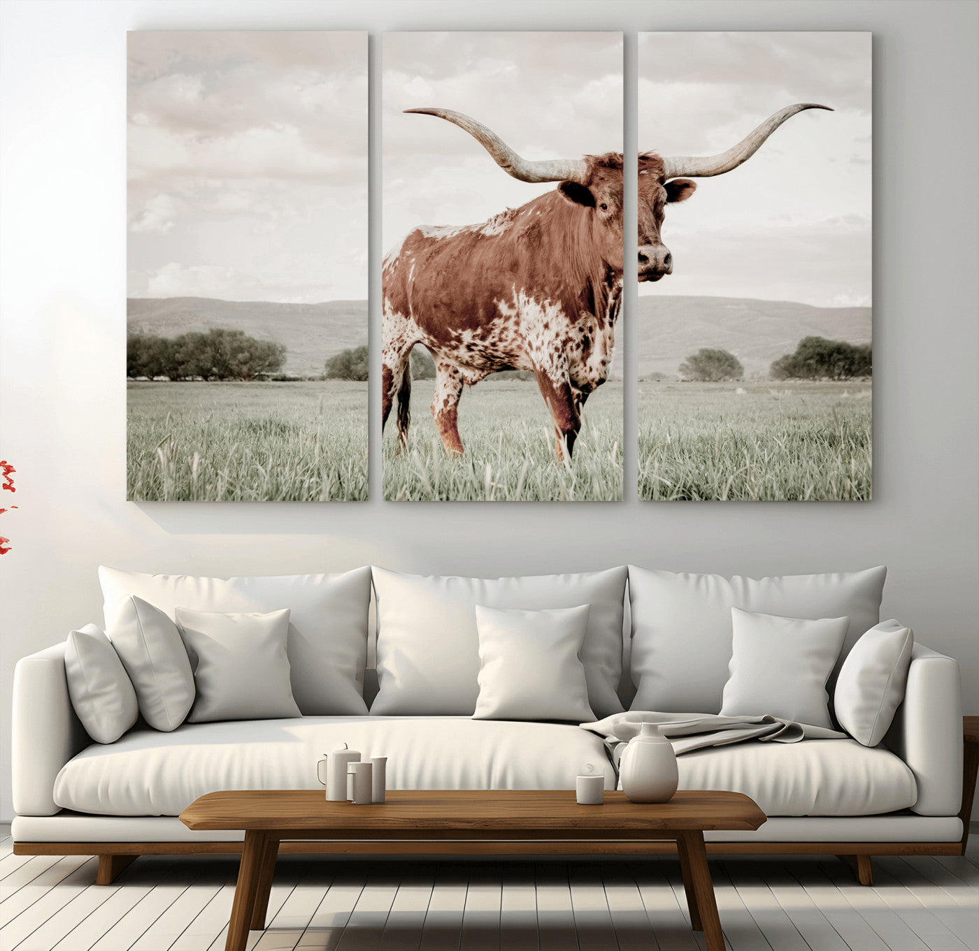 MGV-CV-48X32-3P - Texas Longhorn Wall Art Canvas Print, Framed Spotted Cattle Art Picture Print, Horned Bull Perfect Rustic Western Decor Artwork