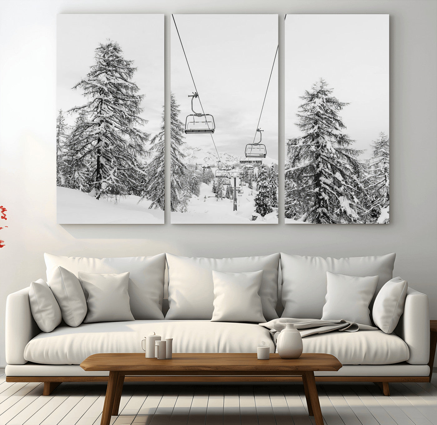 MGV-CV-48X32-3P - Wall Art Canvas Print Winter Chairlift Views Silent Snow-Covered Pines Mountain Calm Serenity Frozen