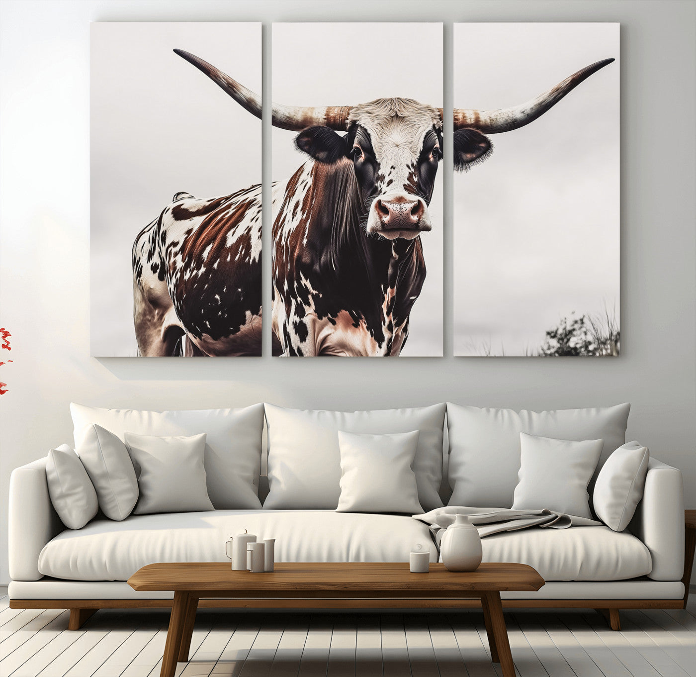 Close-up of a Texas Longhorn bull with powerful horns, perfect for rustic farmhouse or country-themed home decor. Ideal for animal lovers.