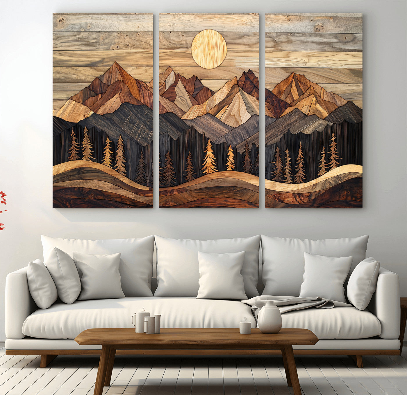MGV-CV-48X32-3P - Wood Mountain Wall Art Canvas Print, Framed Boho Wood Art Picture Print, Abstract Woodland Perfect Farmhouse Decor Artwork