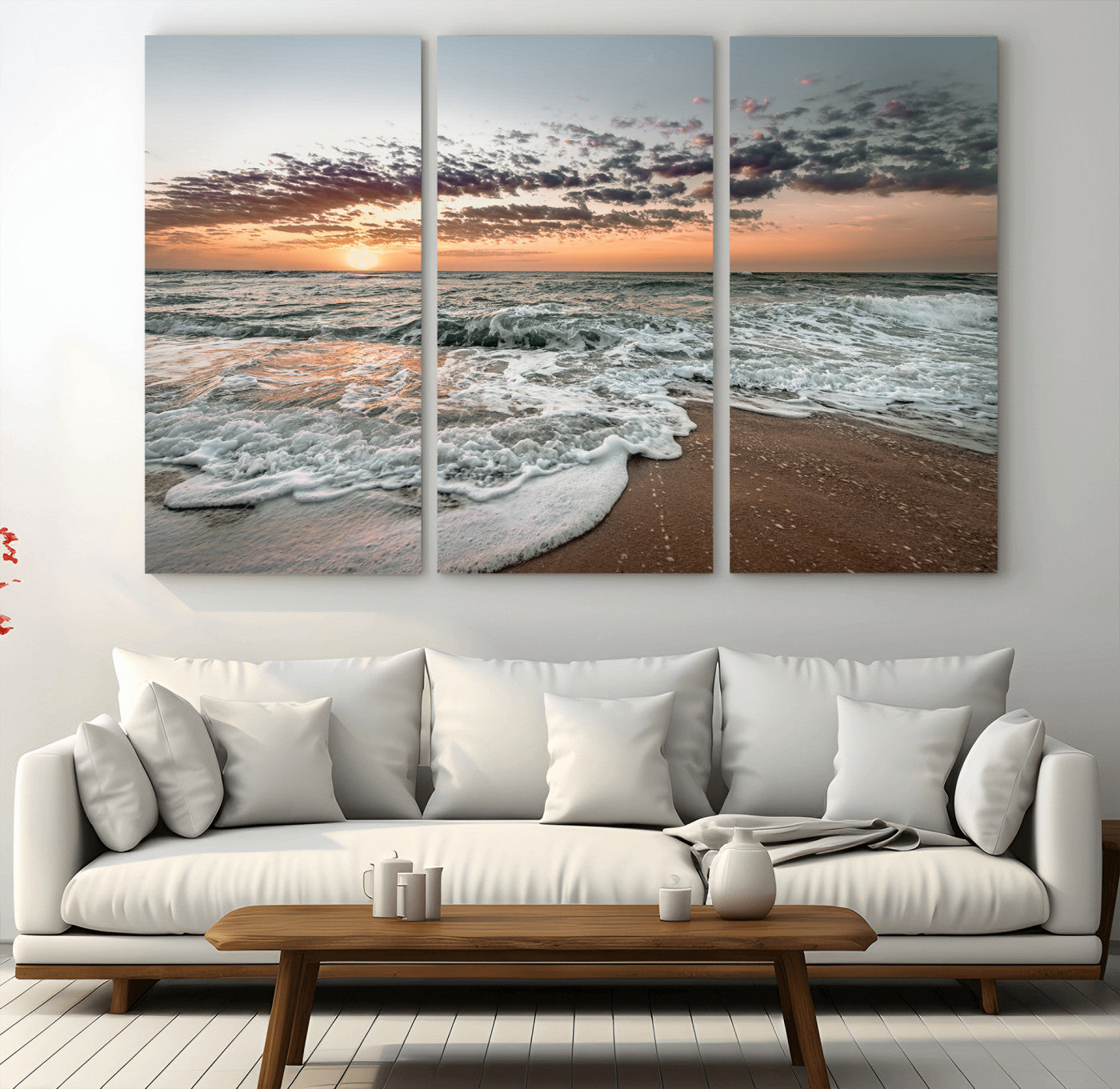 40632752-MGV-CV-36X24-Ocean Sunset Wall Art Canvas Print – Framed Beach Waves Scene with Coastal Artwork for Home, Office, Living Room
