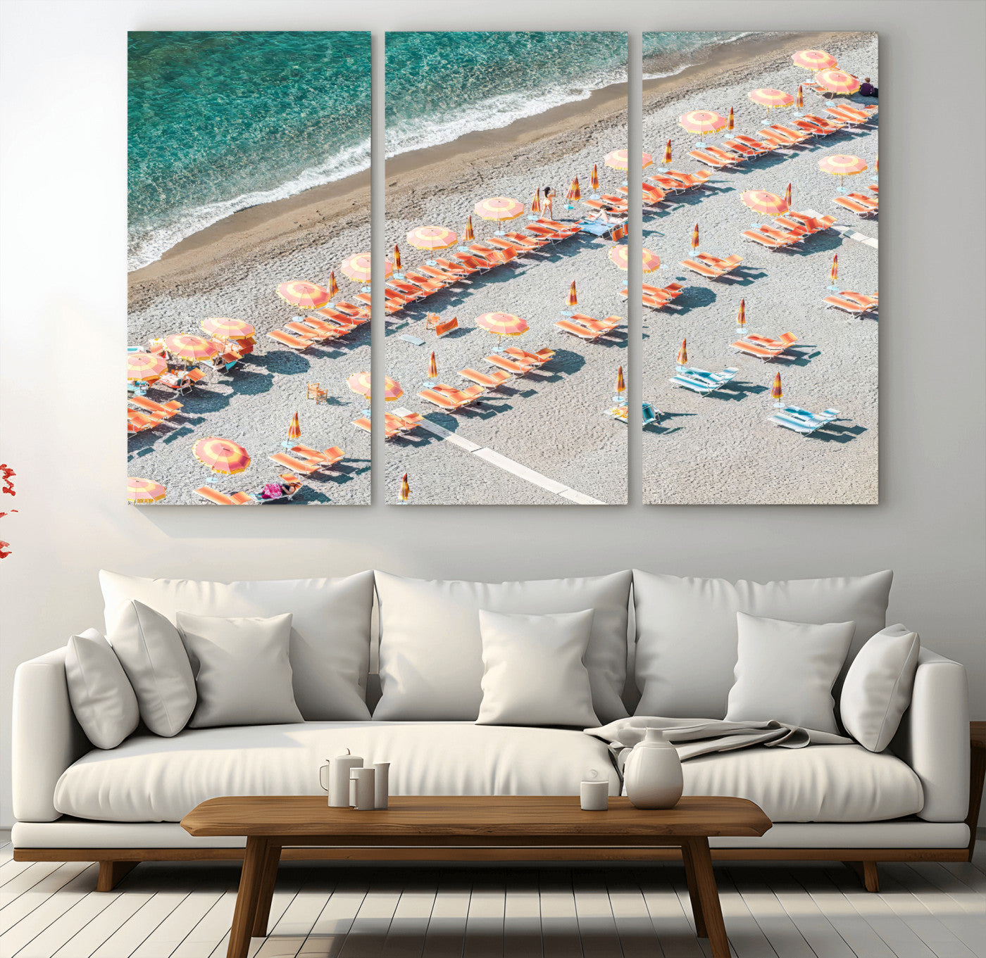 27805351-MGV-CV-36X24 - Beach Umbrellas Wall Art – Orange Loungers & Turquoise Water Canvas Print, Sandy Shore and Summer Vibes