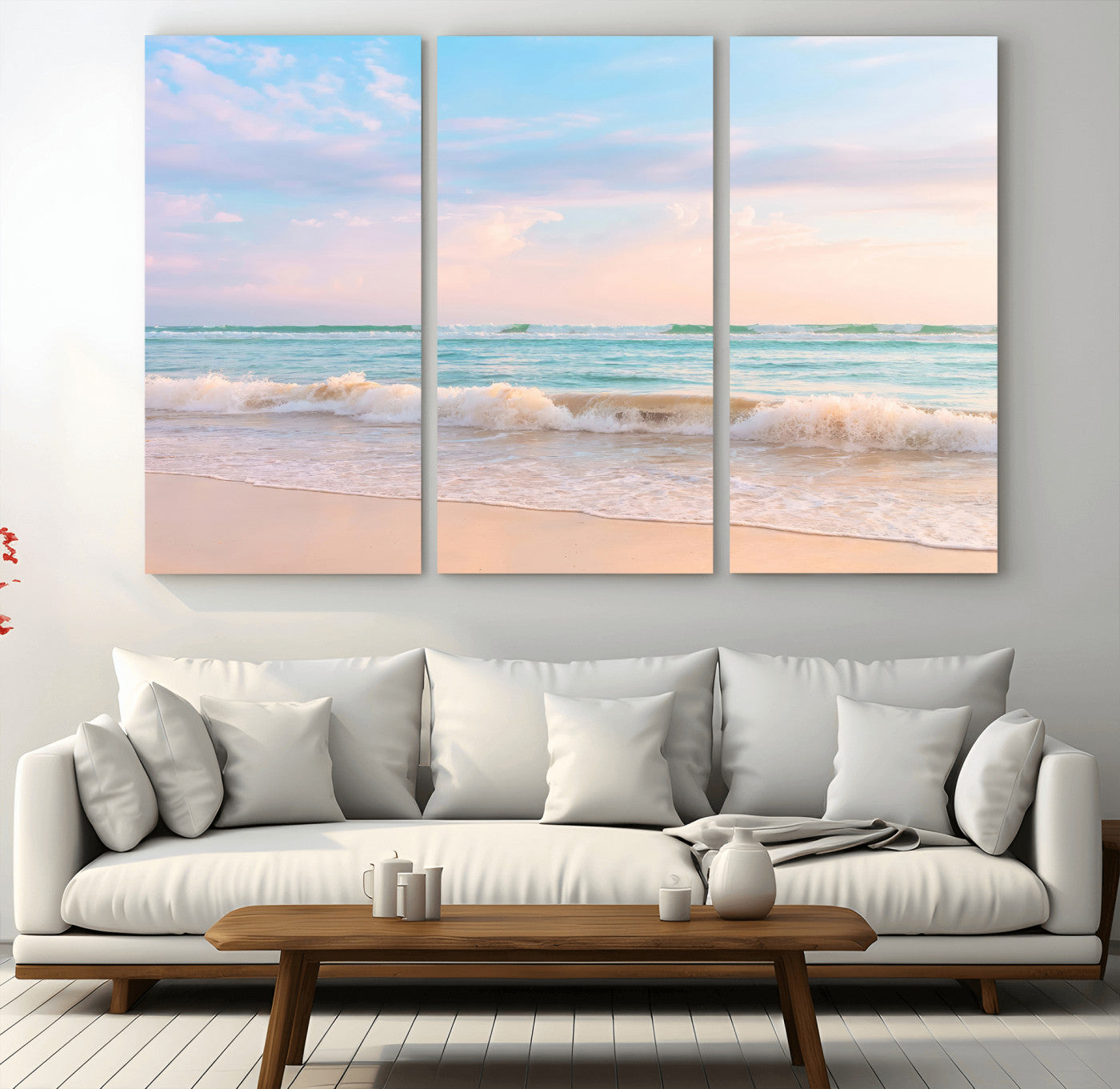 74679437-MGV-CV-36X24 - Serene Waves Wall Art – Golden Shore & Soft Pastel Sky Canvas Print, Gentle Ocean and Peaceful Sunset for Living Room or Office