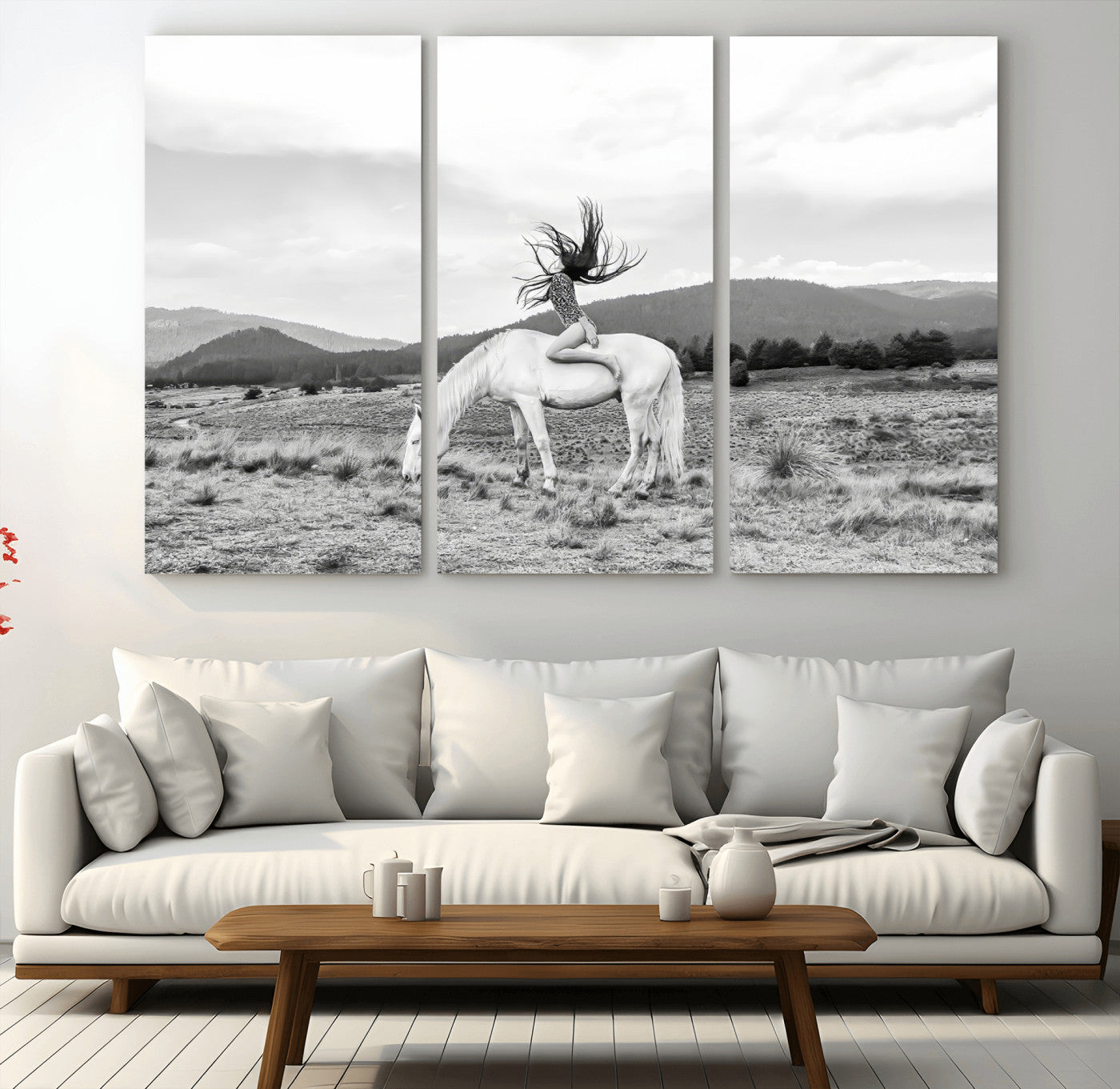 MGV-CV-48X32-3P - White Horse Wall Art Canvas Print, Framed Woman Rider Art Picture Print, Equestrian Pose Perfect Western Boho Decor Artwork