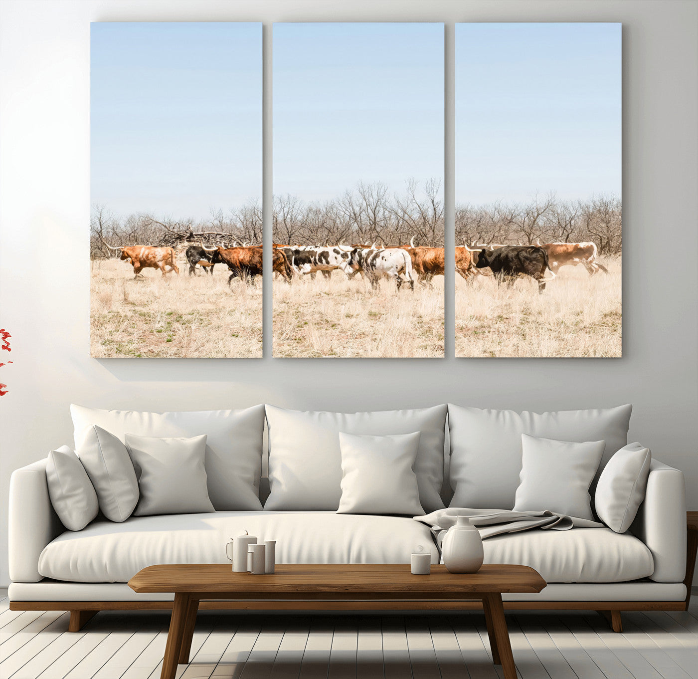MGV-CV-48X32-3P - Texas Longhorns Wall Art Canvas Print, Framed Western Cattles Art Picture Print, Rustic Herd Perfect Rustic Farmhouse Decor Artwork