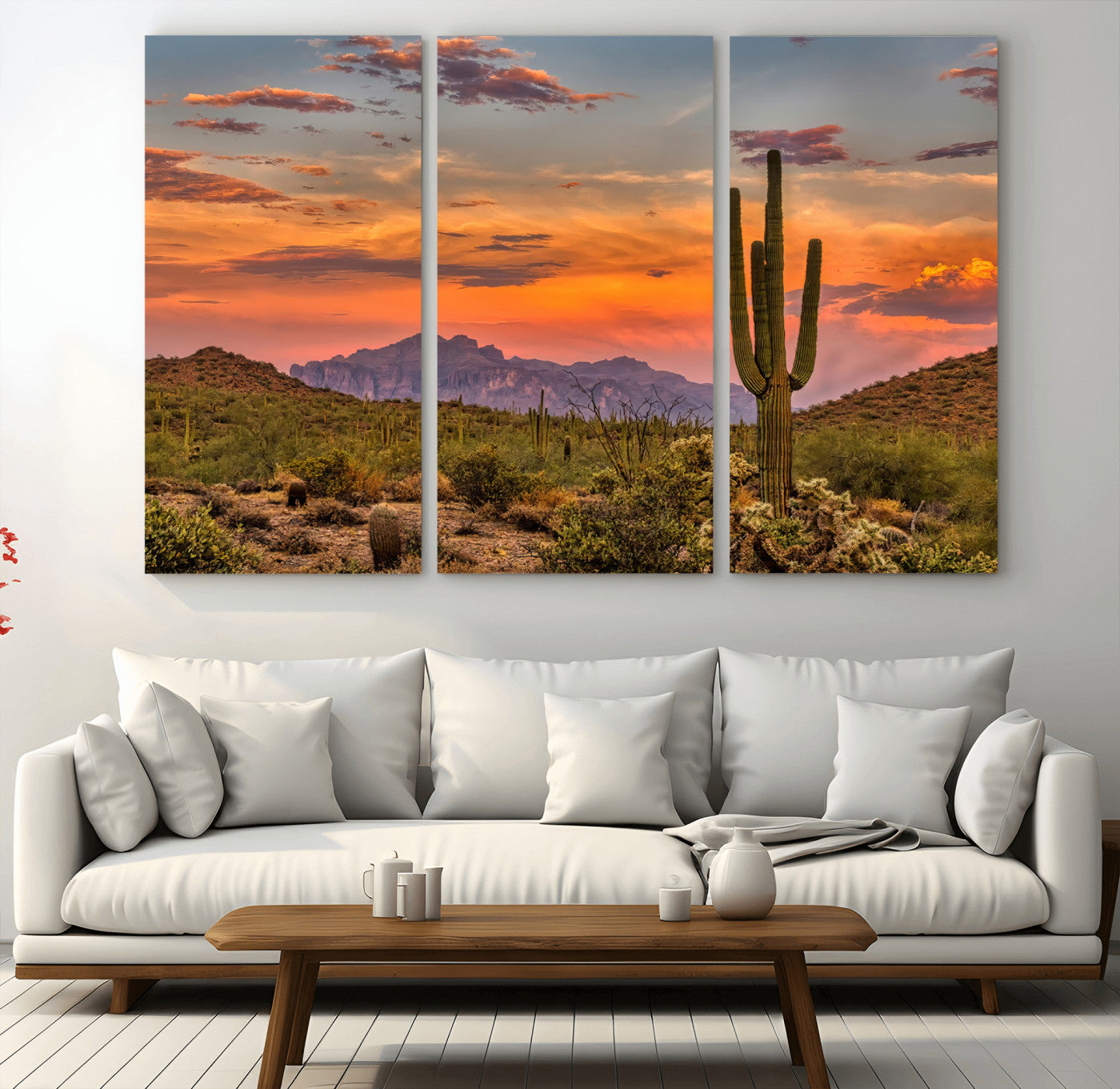 MGV-CV-48X32-3P - Saguaro Cactus Wall Art Canvas Print, Framed Arizona Sunset Art Picture Print, Sonoran Desert Perfect Southwestern Boho Decor Artwork