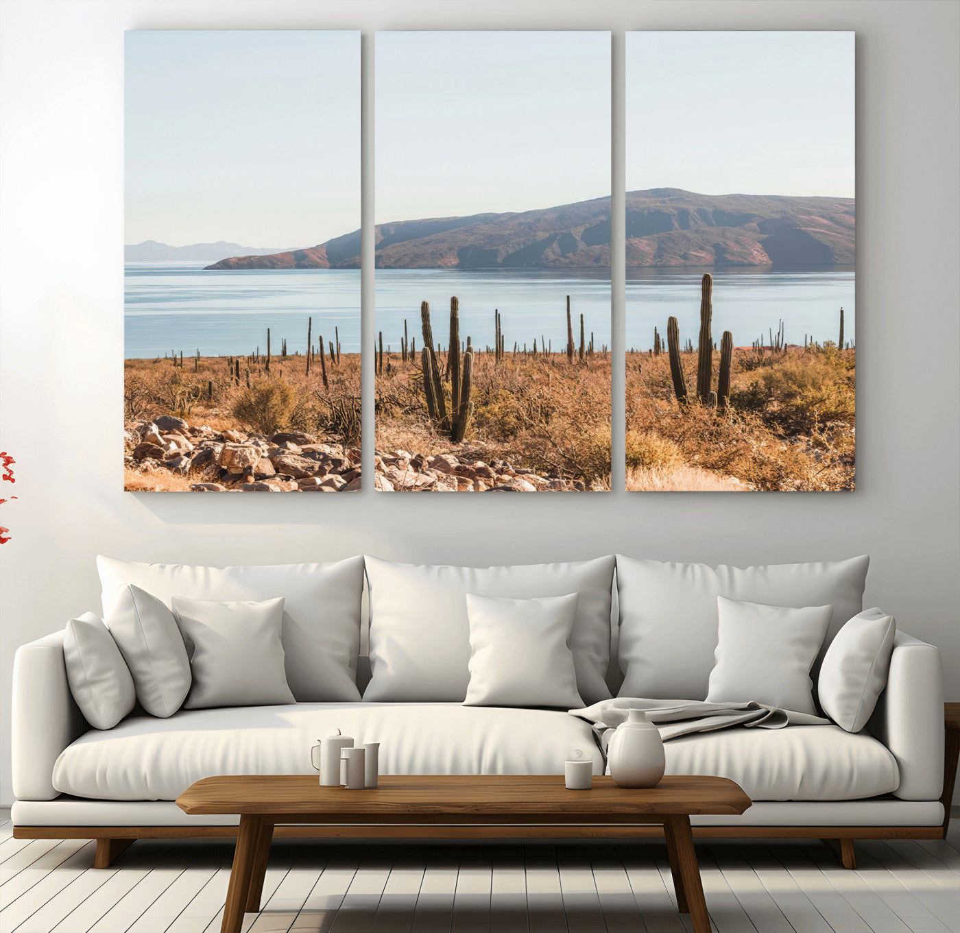 MGV-CV-48X32-3P - Desert Cactus Wall Art Canvas Print, Framed Baja Coastline Art Picture Print, Coastal Desert Perfect Southwestern Minimalist Decor Artwork