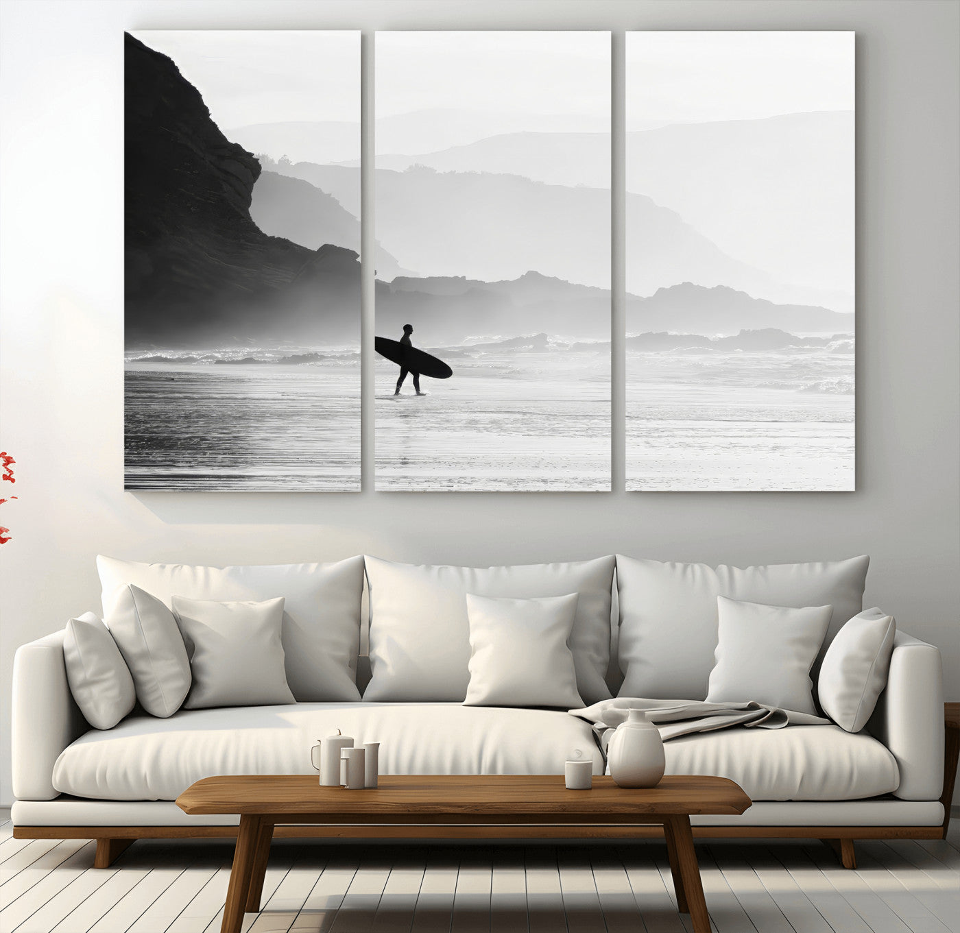 MGV-CV-48X32-3P - Surfer In Fog Wall Art Canvas Print, Framed Moody Shoreline Art Picture Print, Cliffside Waves Perfect Minimalist Coastal Decor Artwork