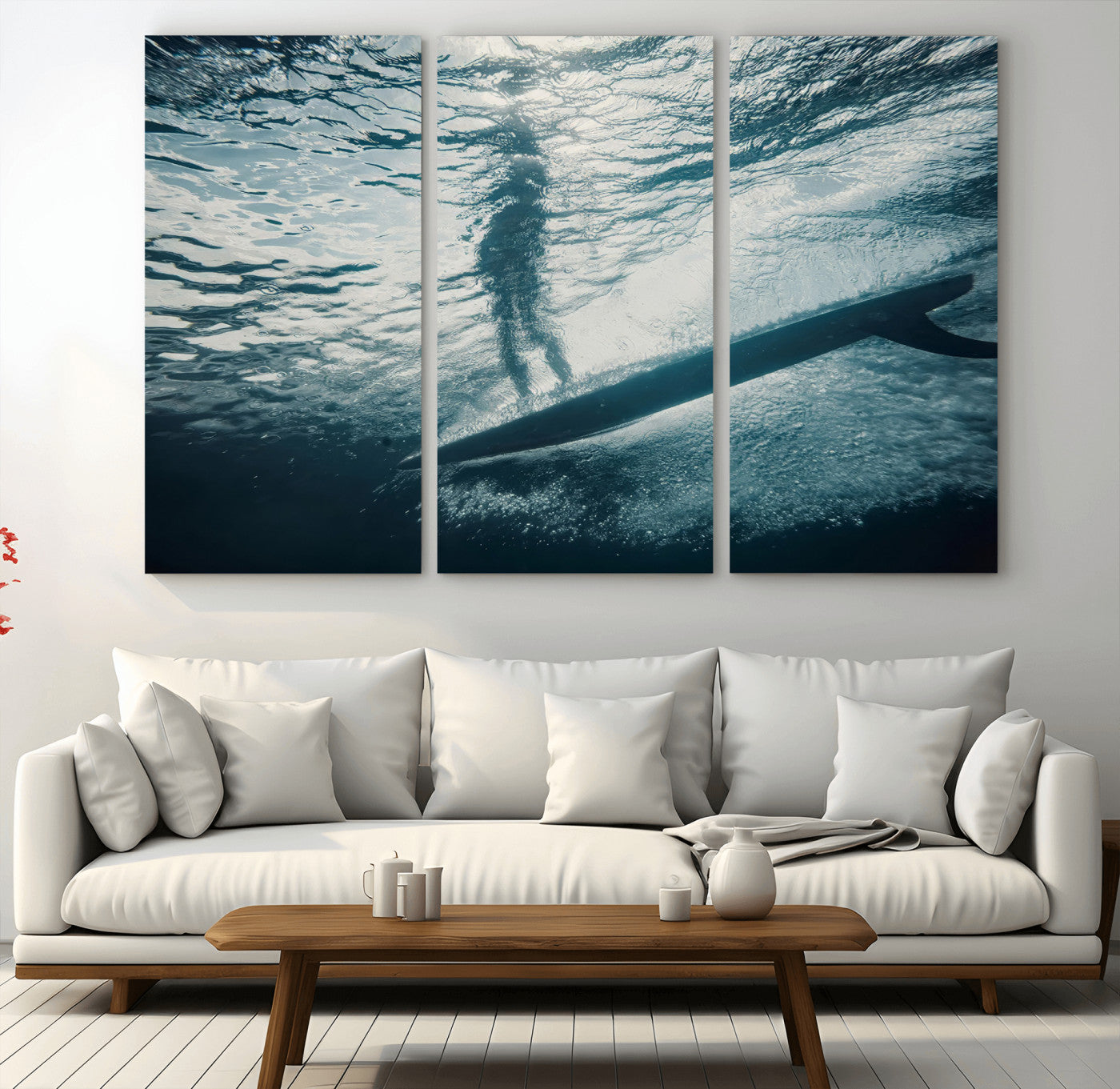 71192524-MGV-CV-36X24-Underwater Surf Wall Art – Framed Ocean Wave Canvas Artwork, Aquatic Surfboard Design, Modern Coastal Decor for Home, Office