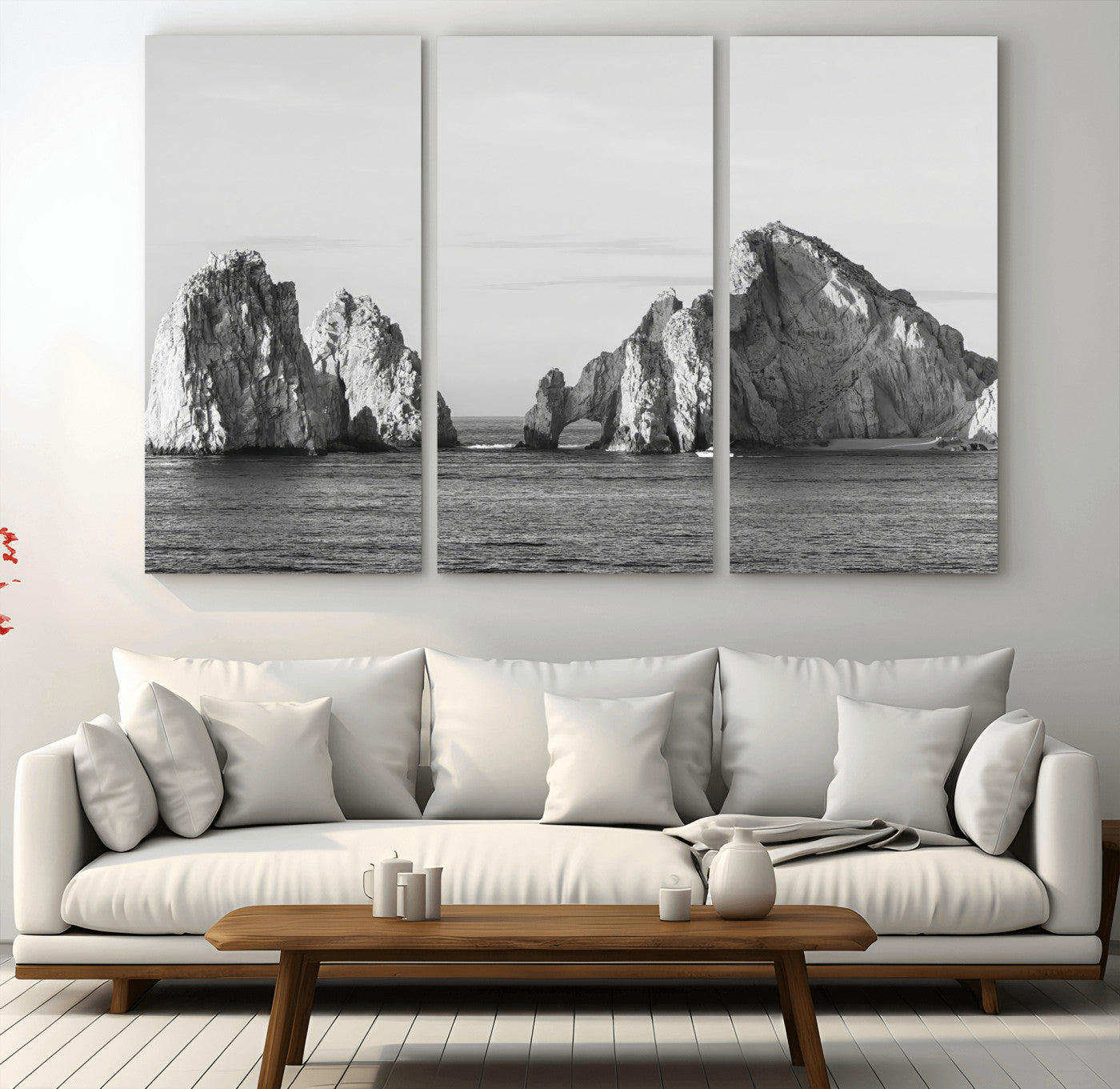 18810731-MGV-CV-36X24-Coastal Rock Arch Wall Art – Framed Black White Ocean Canvas Artwork, Natural Cliff Design, Minimal Decor for Home, Office