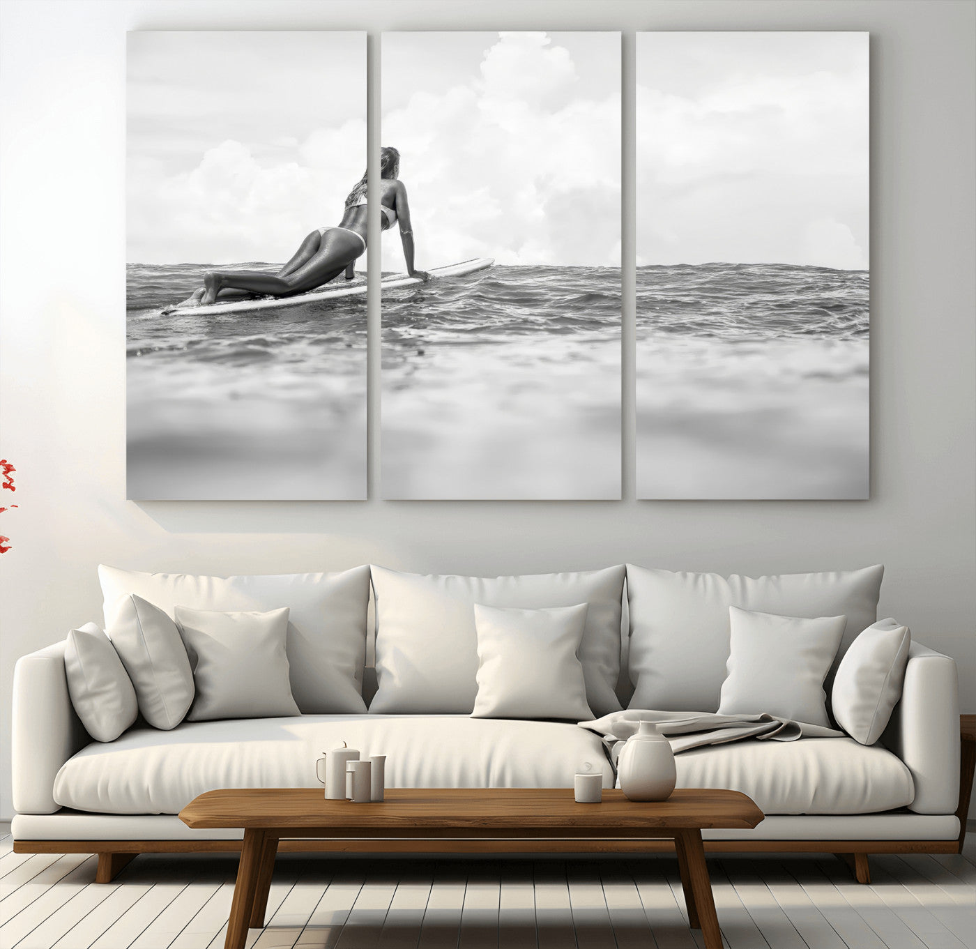 69798068-MGV-CV-36X24-Black and White Surfing Wall Art Canvas Print – Framed Ocean Horizon with Surfer Girl Coastal Adventure Artwork for Home, Office