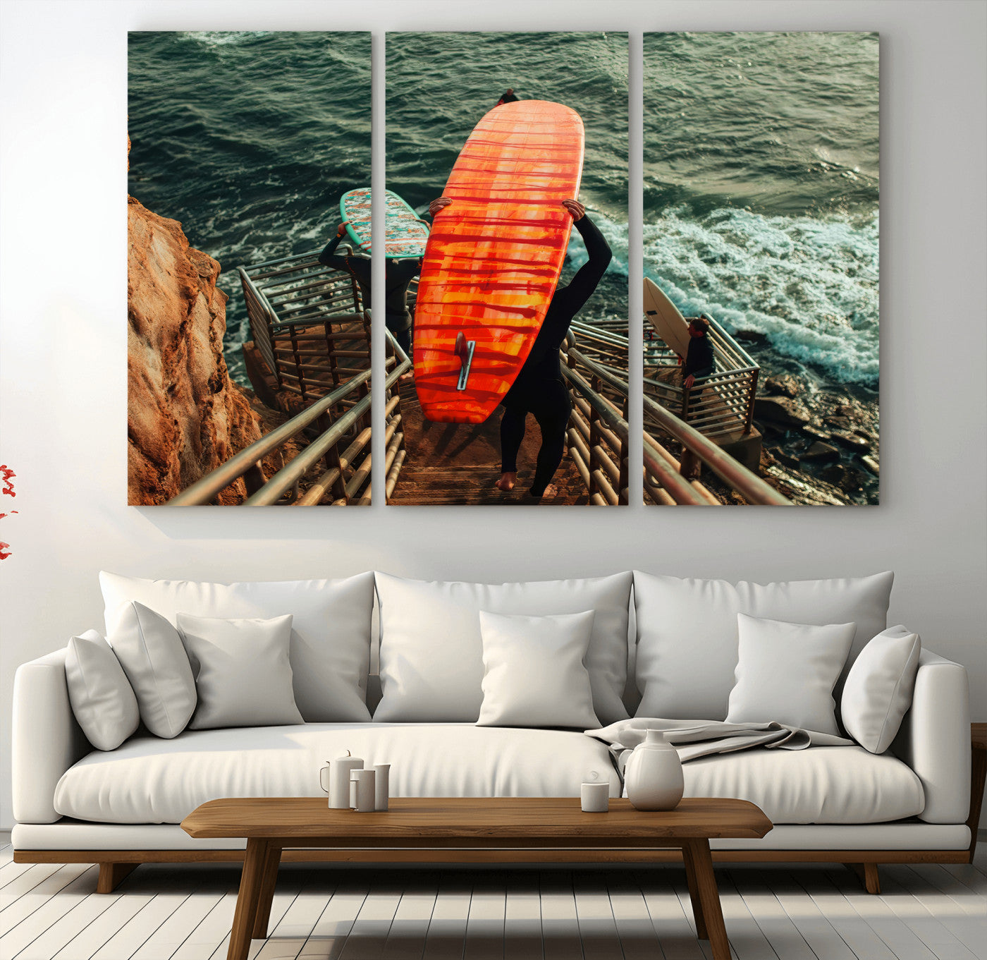 MGV-CV-48X32-3P - Surfer Stairway Wall Art Canvas Print, Framed Ocean Surf Art Picture Print, Sunset Coastal Perfect Coastal Adventure Decor Artwork