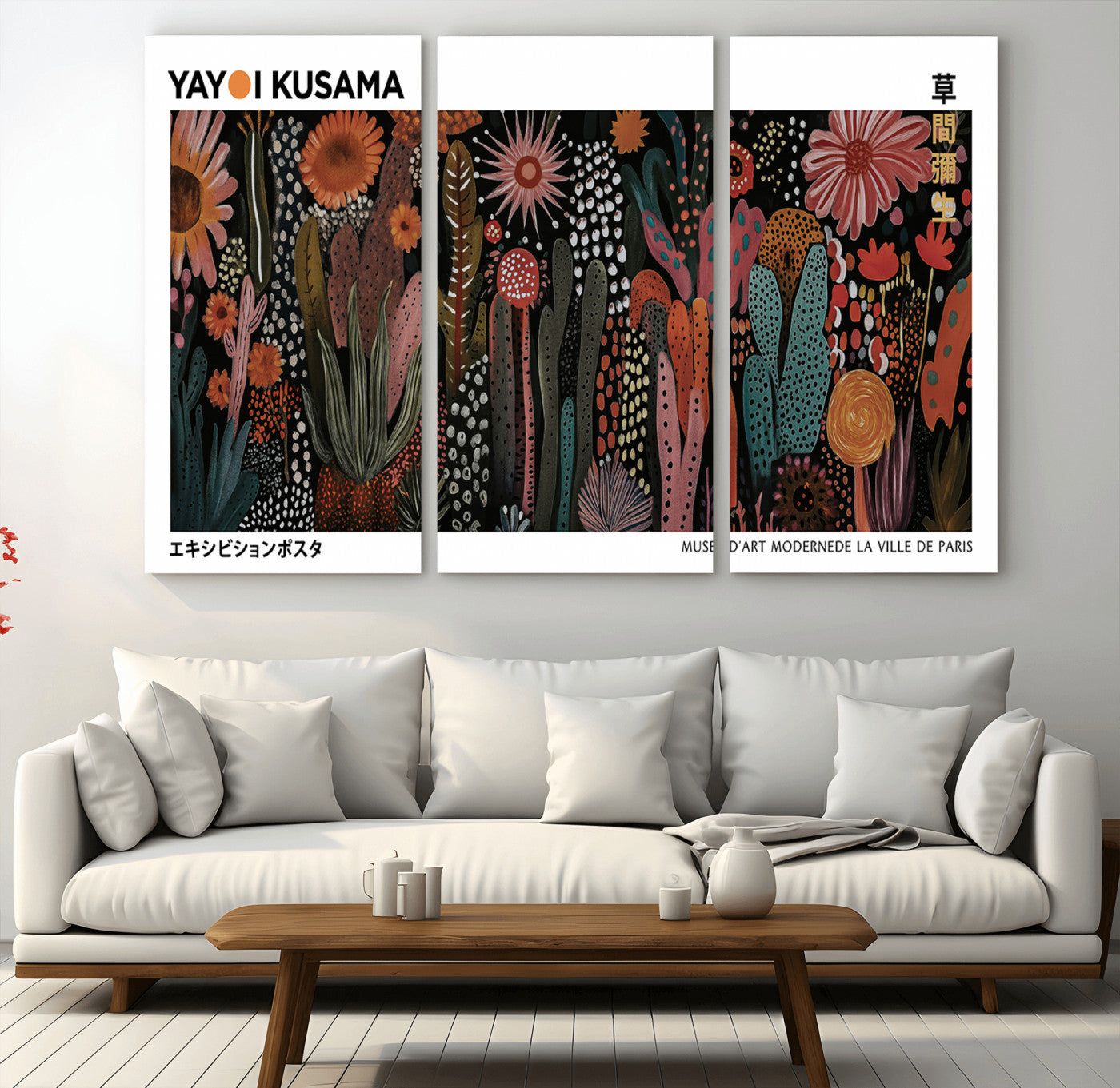 70632622-MGV-CV-36X24-Modern Japanese Wall Art Canvas Print – Framed Abstract Mount Fuji Scene with Yayoi Kusama Artwork for Home, Office