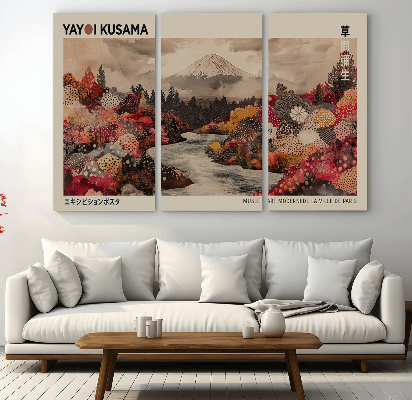 90660838-MGV-CV-36X24-Modern Japanese Wall Art Canvas Print – Framed Abstract Mount Fuji Scene with Yayoi Kusama Artwork for Home, Office